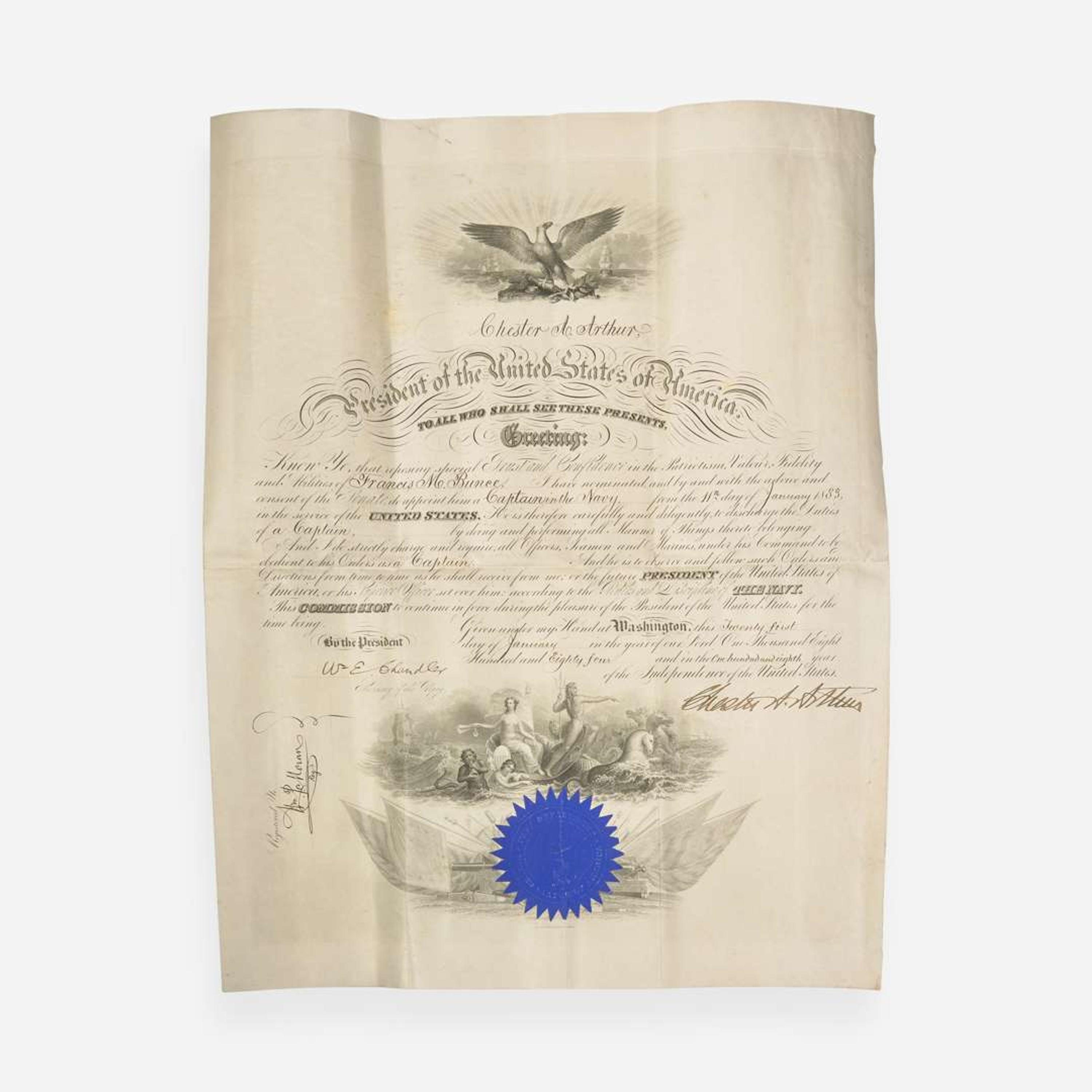 [Presidential] [Bunce, Francis M.] Arthur, Chester A. Signed Military Commission