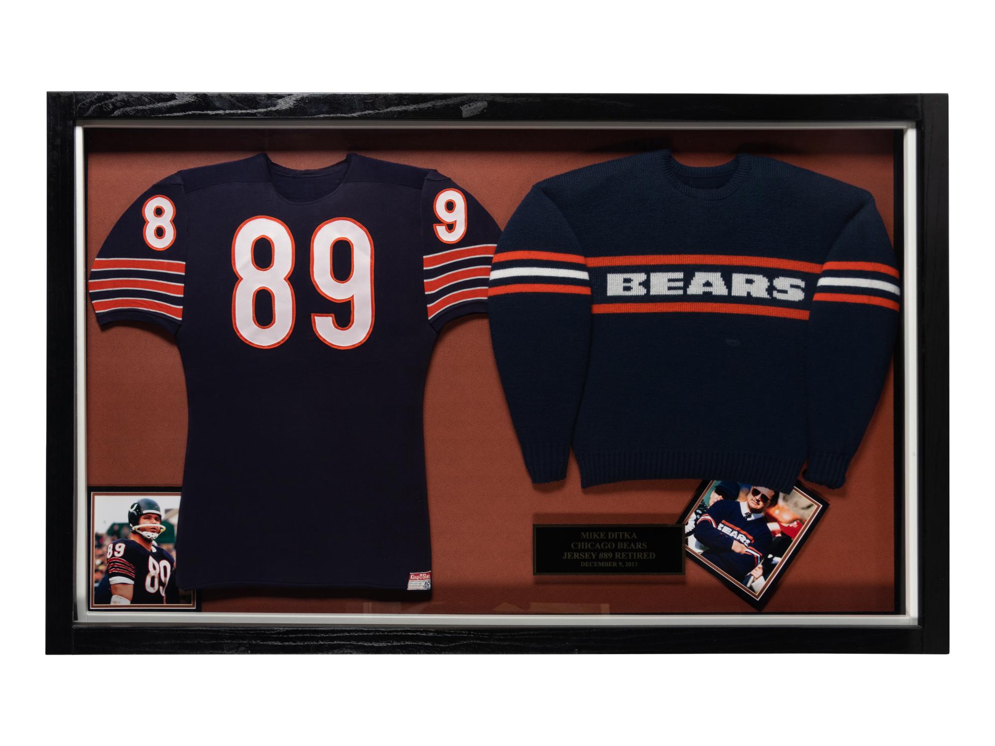Mike Ditka's Chicago Bears Jersey and Sweater Retirement Presentation Formerly Displayed at Mike Ditka's Restaurant