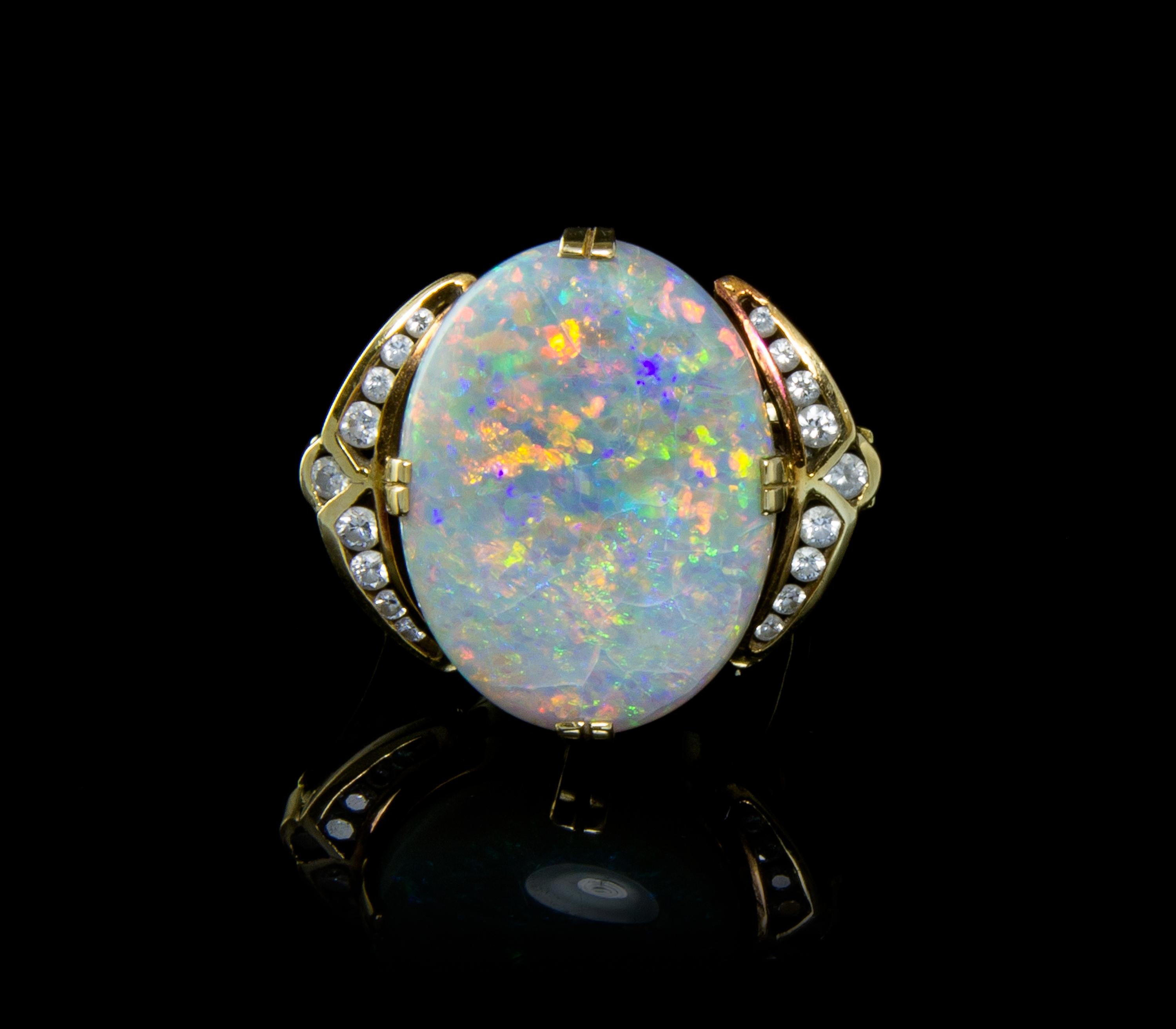 A Yellow Gold, Opal and Diamond Ring, 4.80 dwts.