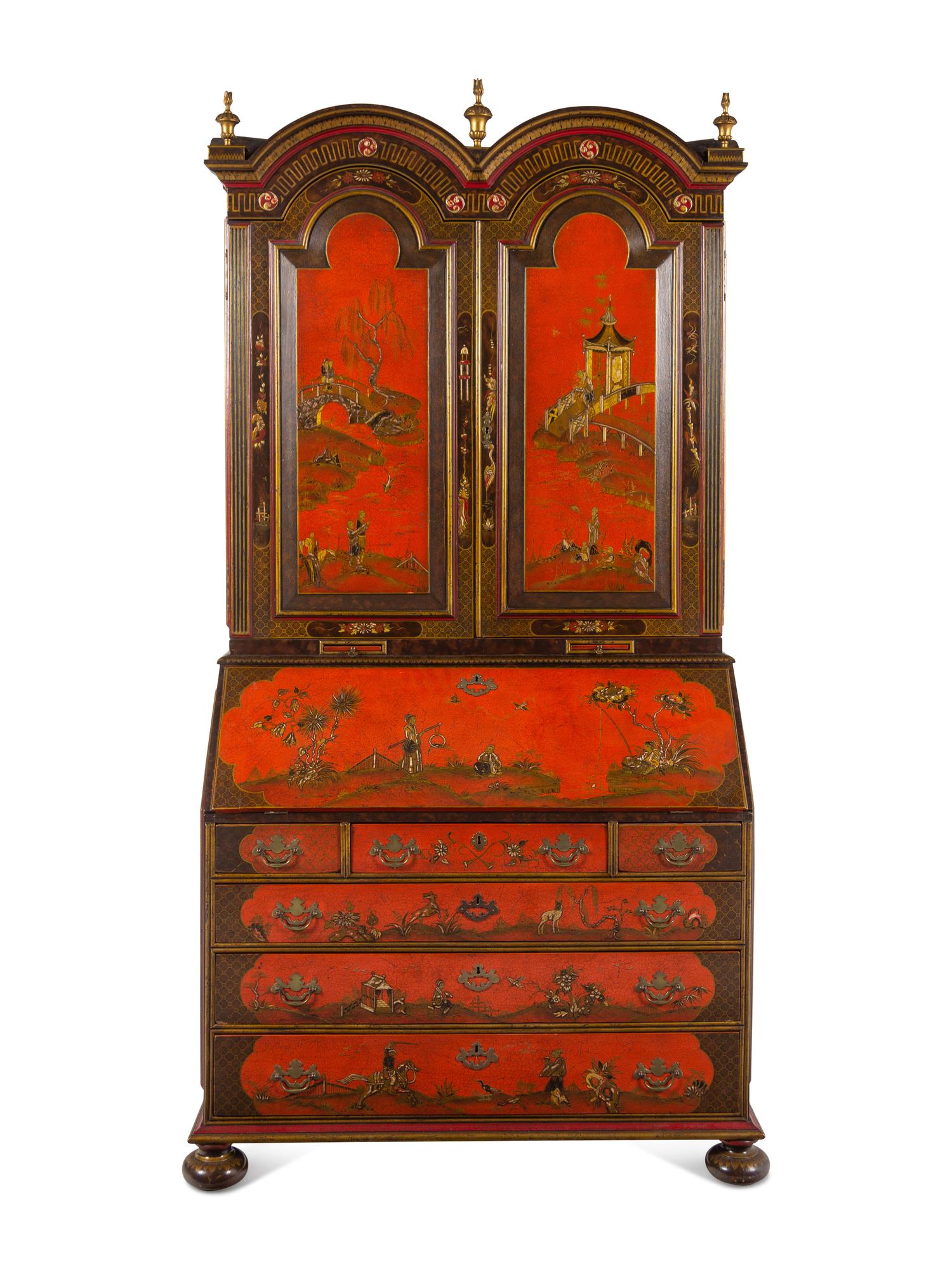 A George I Style Red, Gilt and Polychrome Japanned Bureau Cabinet