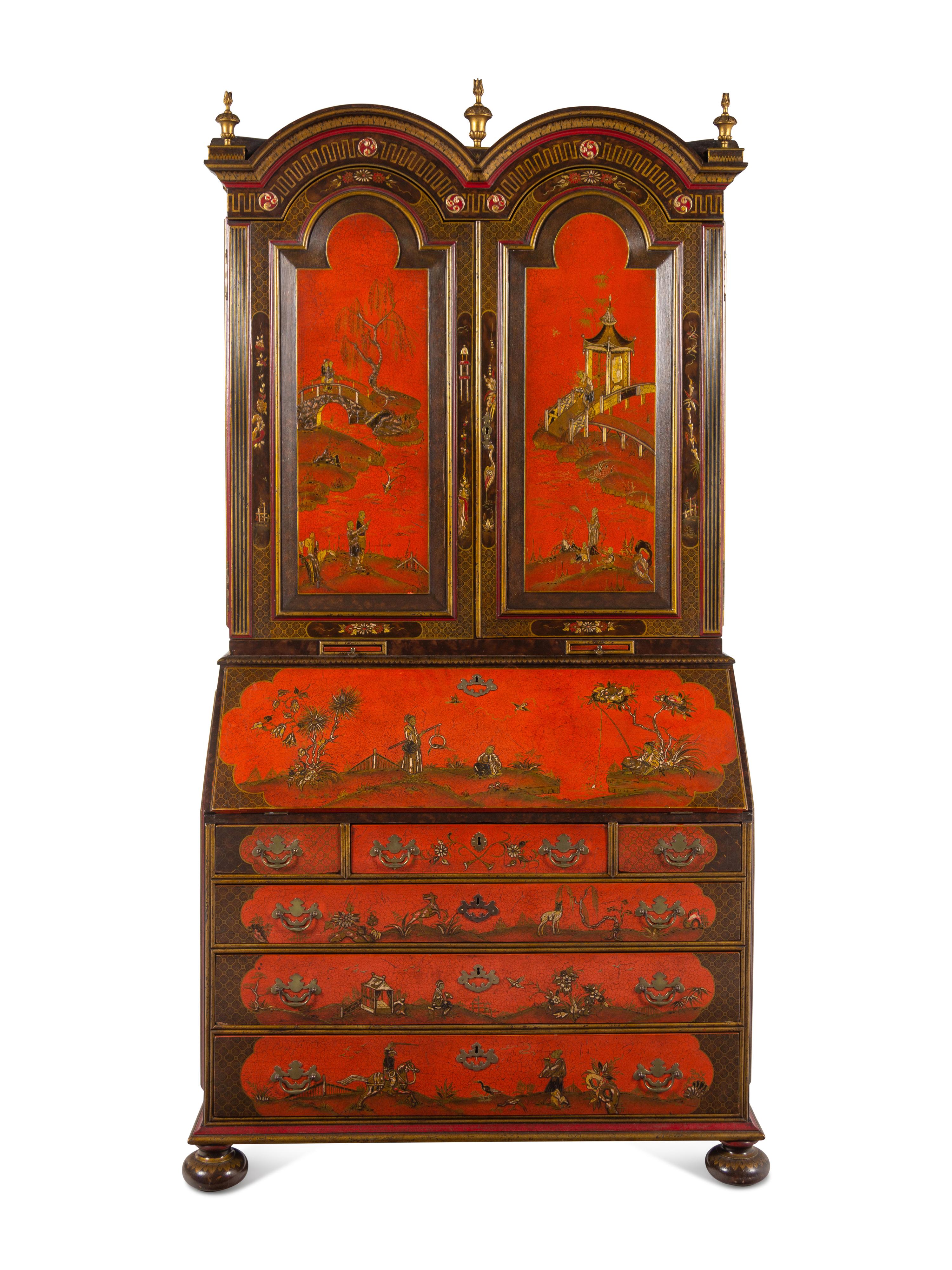 A George I Style Red, Gilt and Polychrome Japanned Bureau Cabinet