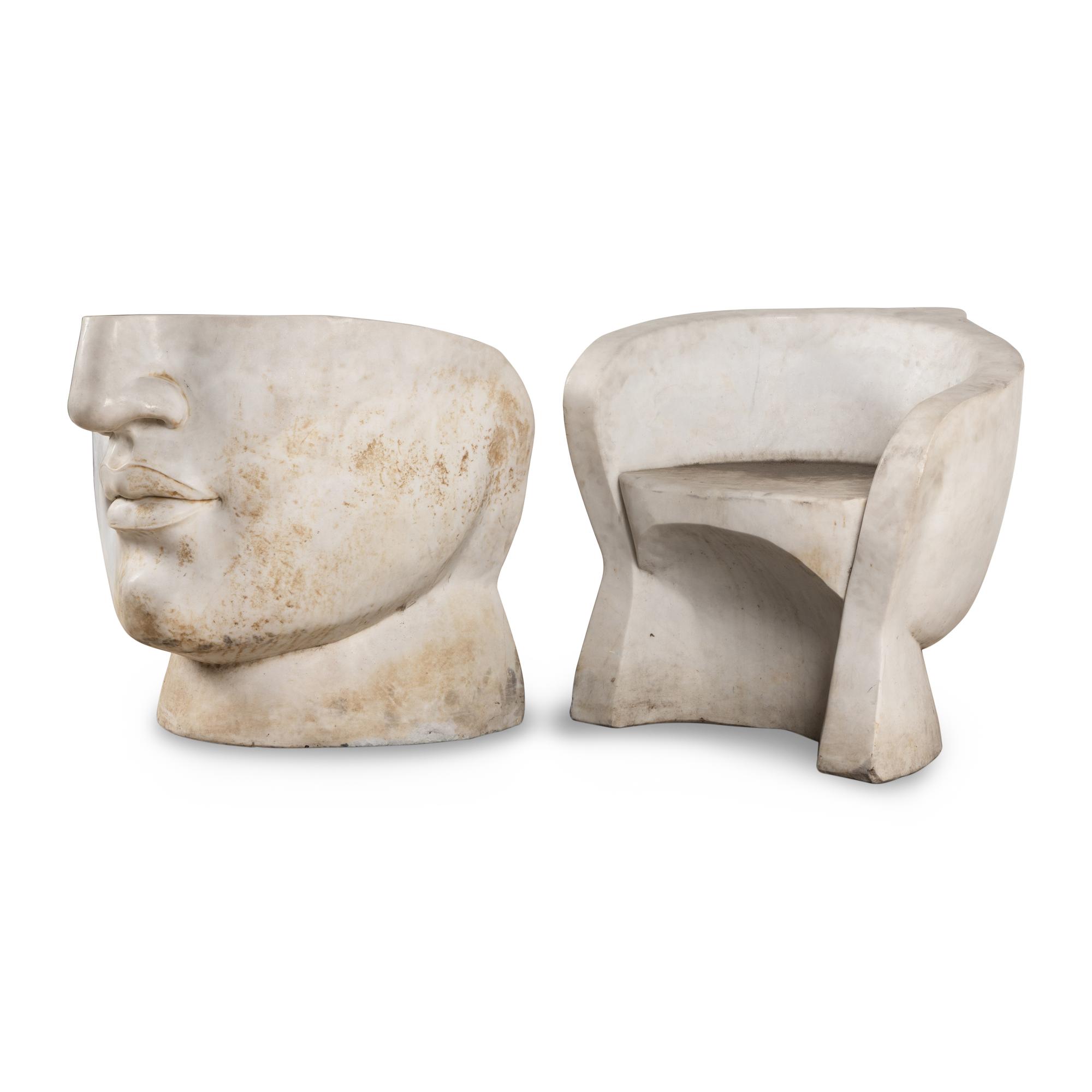 A Pair of Italian Carved Marble Face-Form Chairs