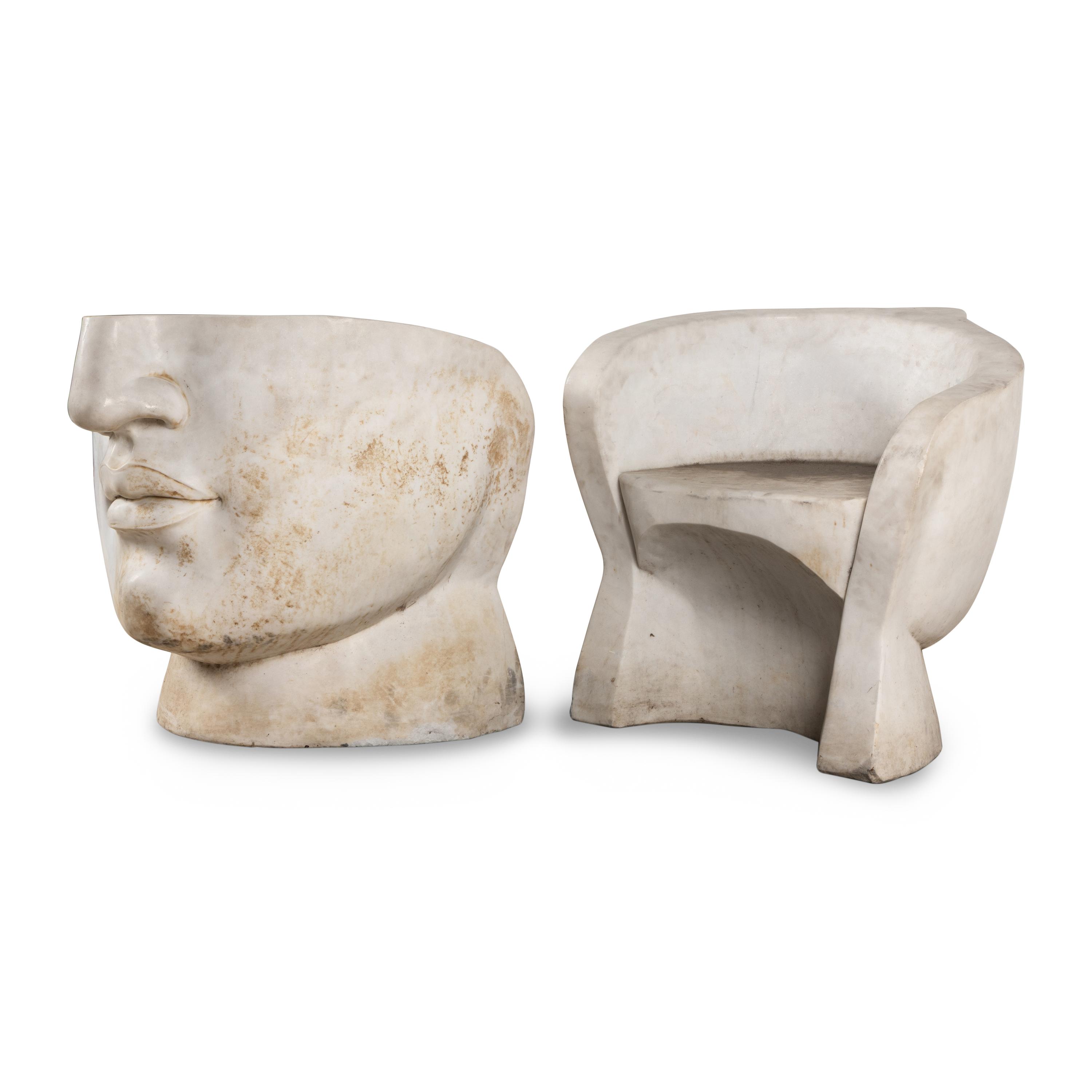 A Pair of Italian Carved Marble Face-Form Chairs