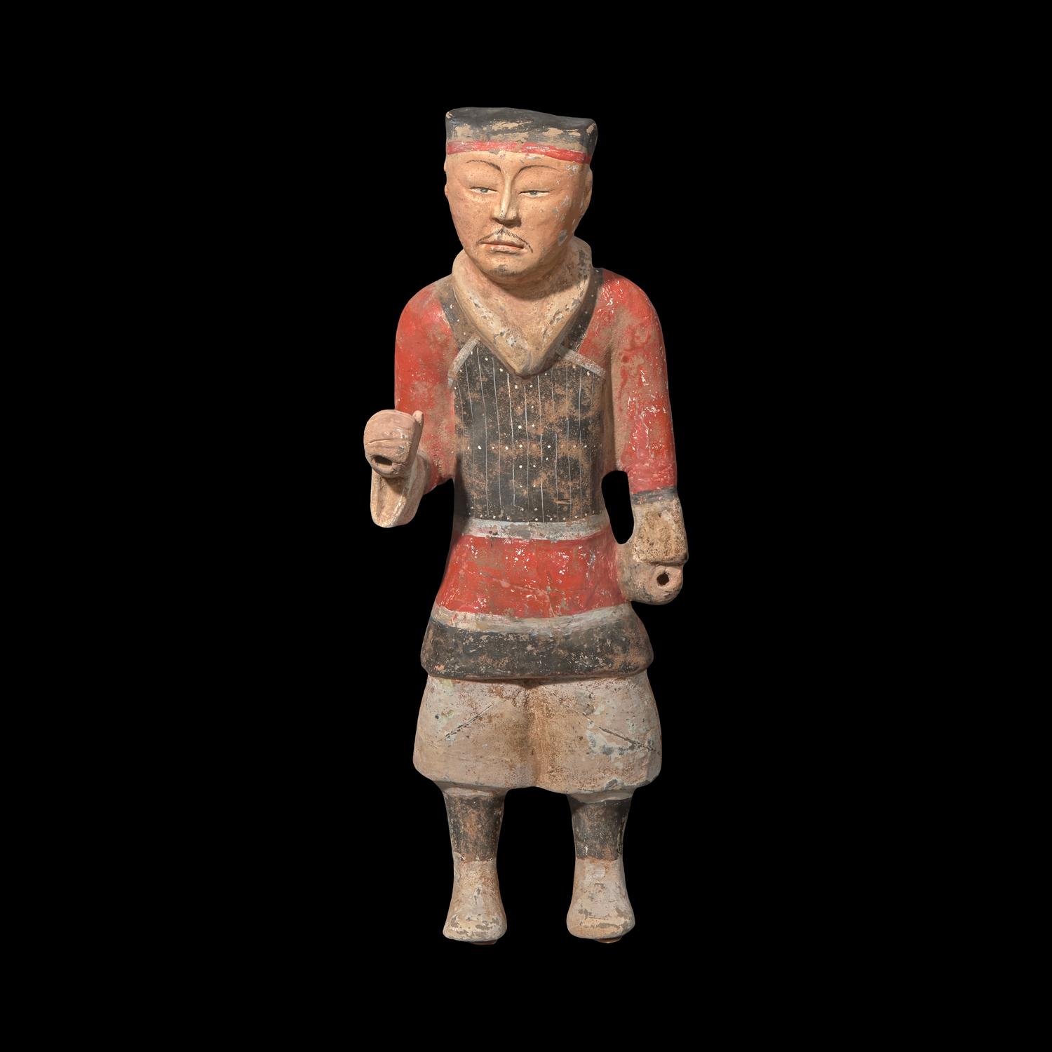 A Chinese Painted Pottery Figure of a Standing Warrior, Probably Han Dynasty 漢 彩繪灰陶武士俑