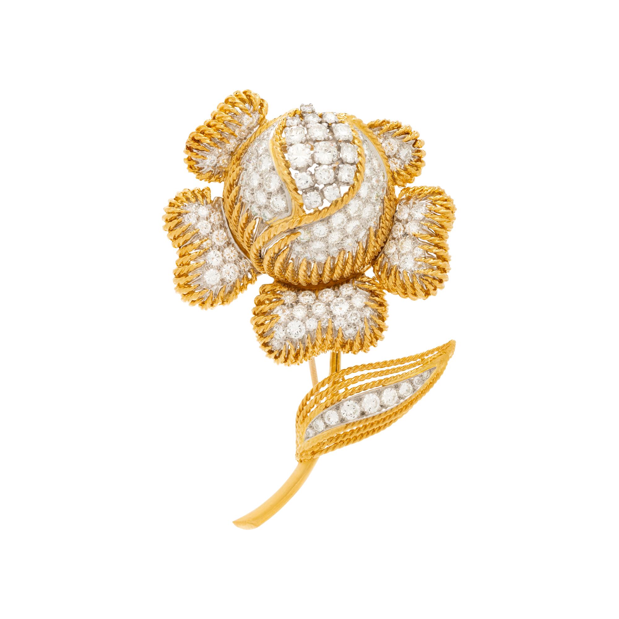 BICOLOR GOLD AND DIAMOND FLOWER BROOCH