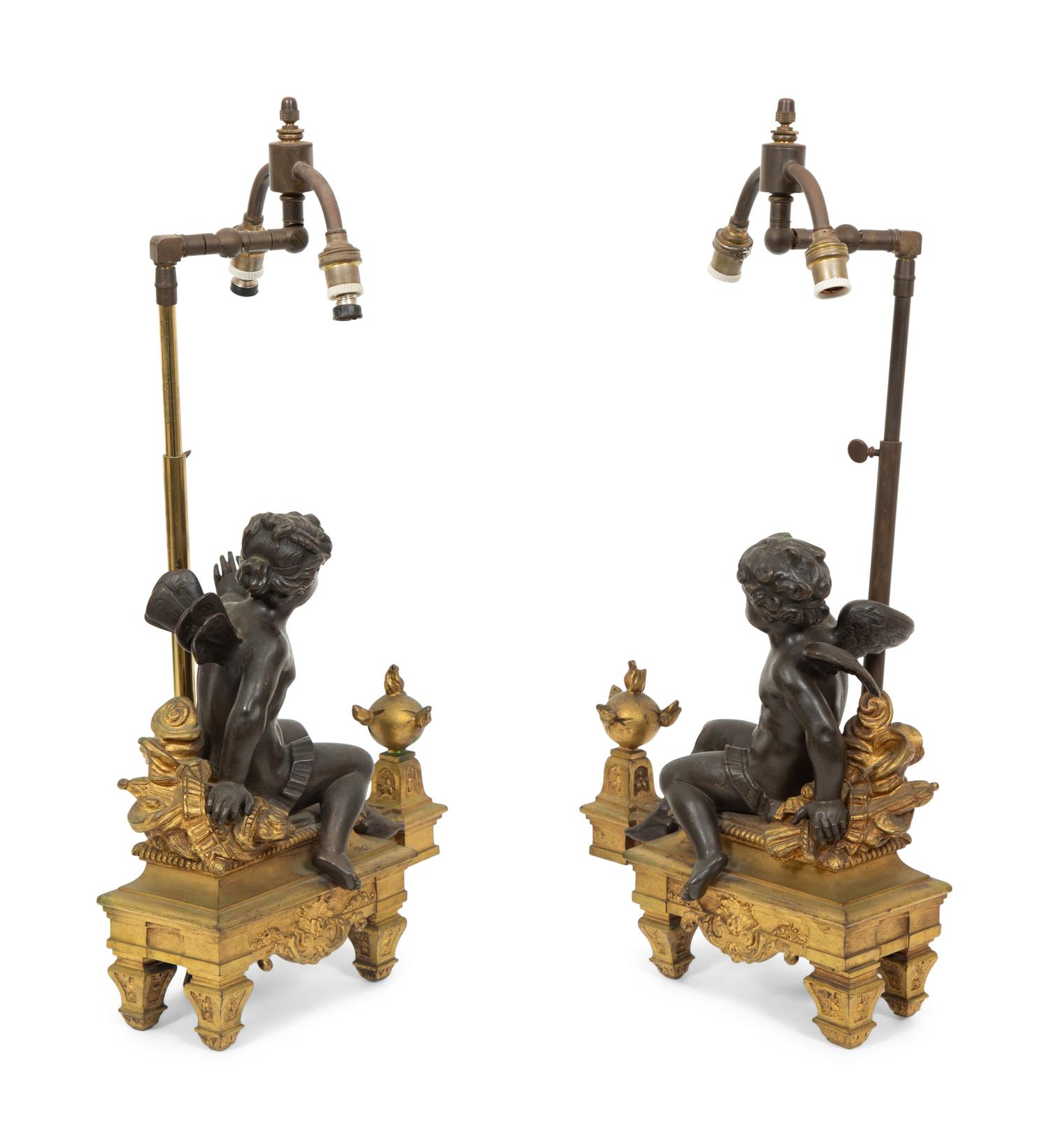 A Pair of French Gilt and Patinated Bronze Figural Chenets Mounted as Lamps