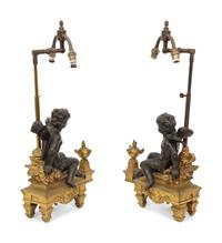 A Pair of French Gilt and Patinated Bronze Figural Chenets Mounted as Lamps
