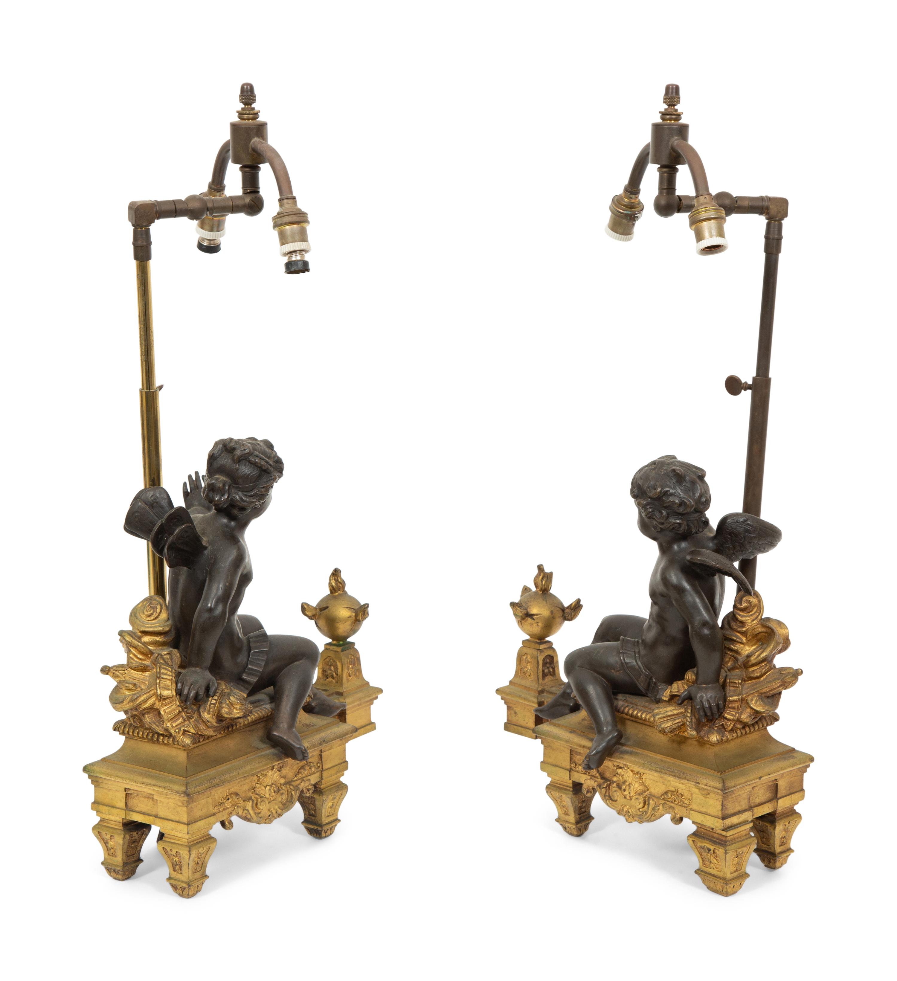 A Pair of French Gilt and Patinated Bronze Figural Chenets Mounted as Lamps