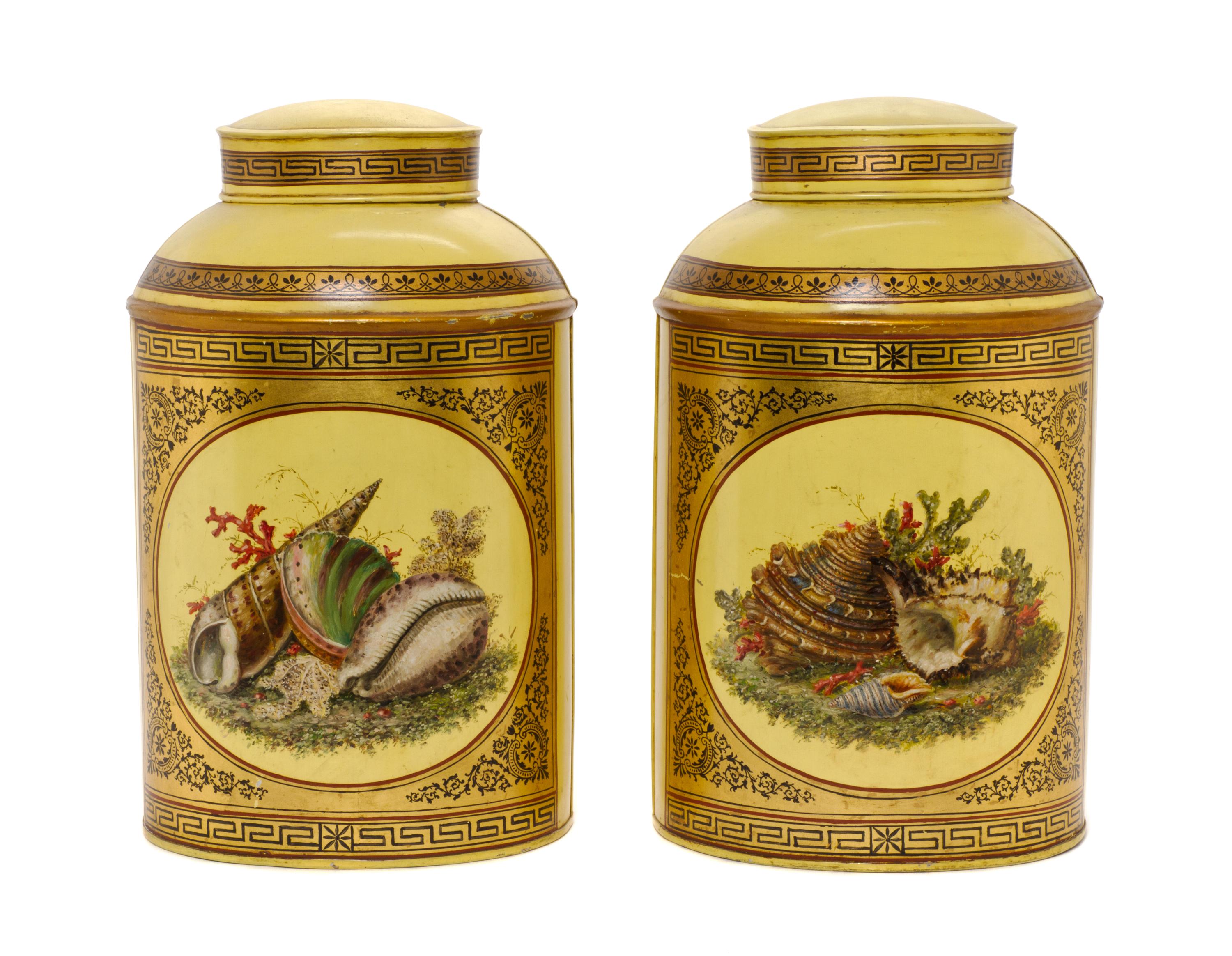 A Pair of Continental Tole Tea Canisters, LATE 19TH/EARLY 20TH CENTURY, Height 17 inches. — LATE 19TH/EARLY 20TH CENTURY,
