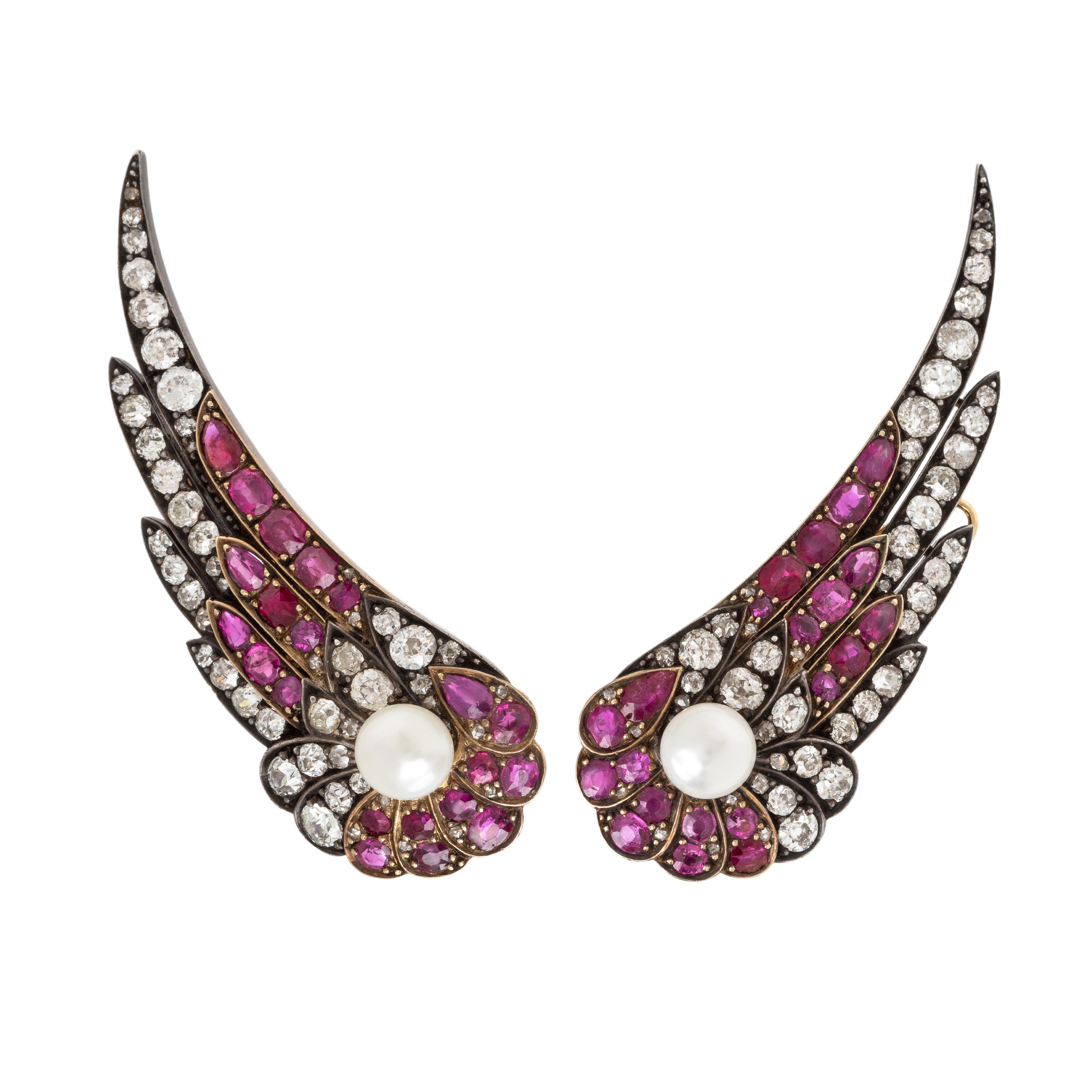 Burmese Ruby, Diamond, and Silver-Topped Gold Wing Earrings