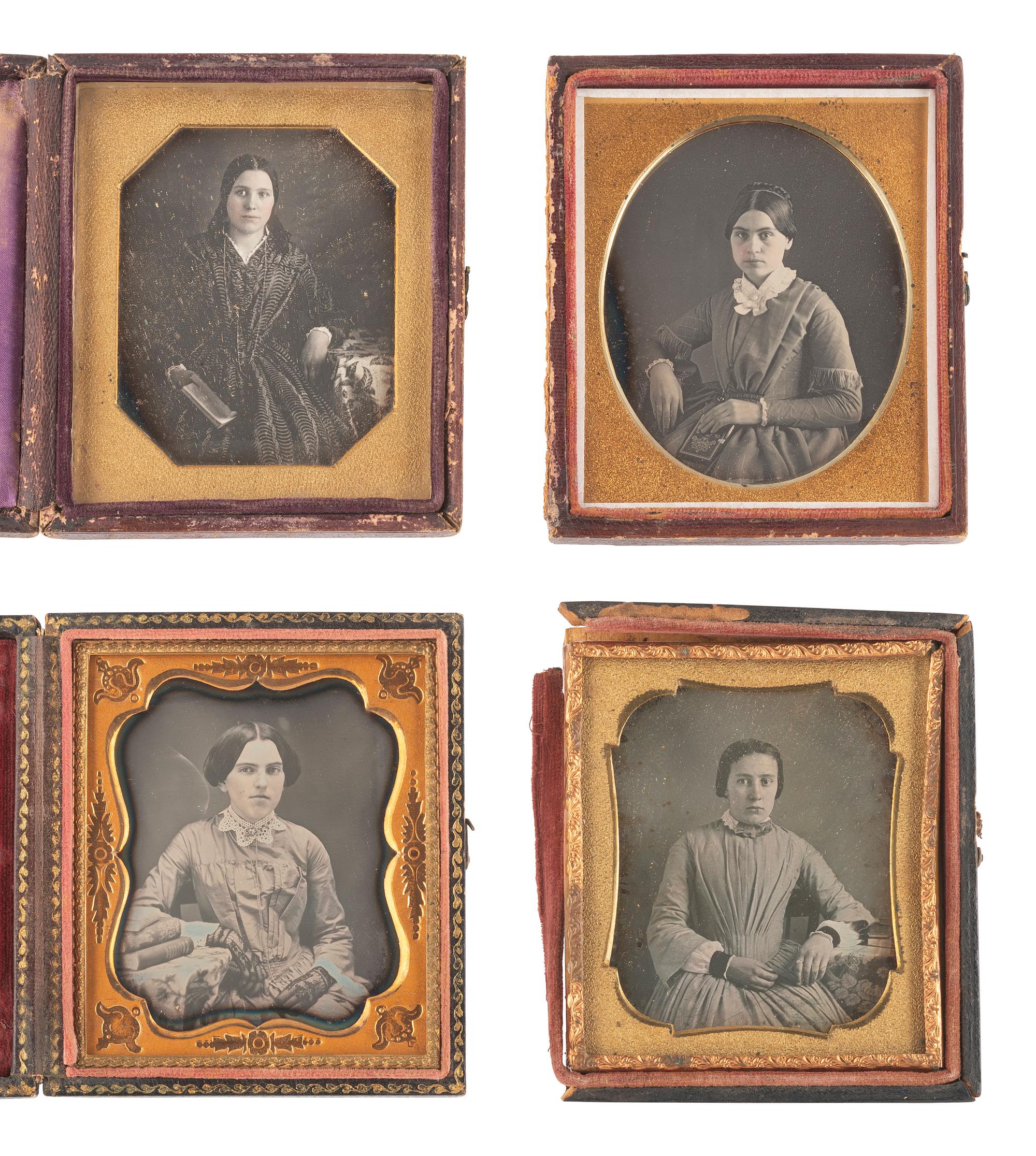 [EARLY PHOTOGRAPHY]. 18 sixth plate daguerreotypes of women with books, incl. one by BOGARDUS, NY.