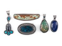 Navajo and Southwestern-style Silver Pendants, Pins, and Belt Buckle