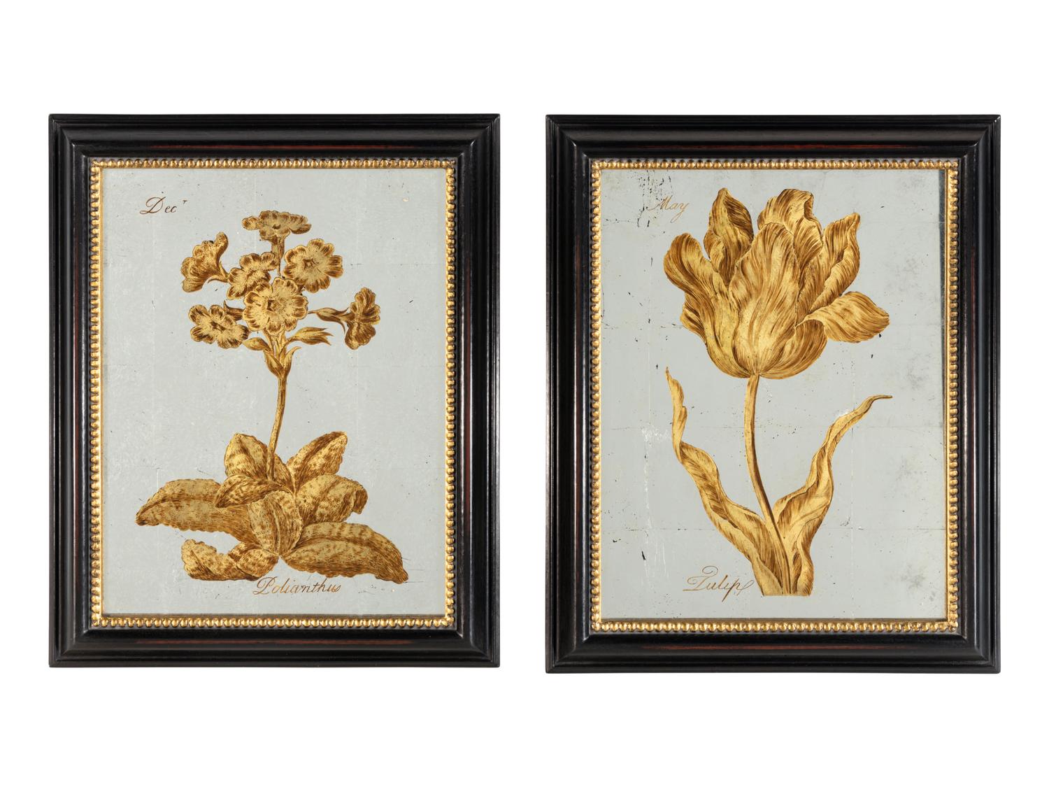 Set of Six Verre églomisé Botanical Mirrors