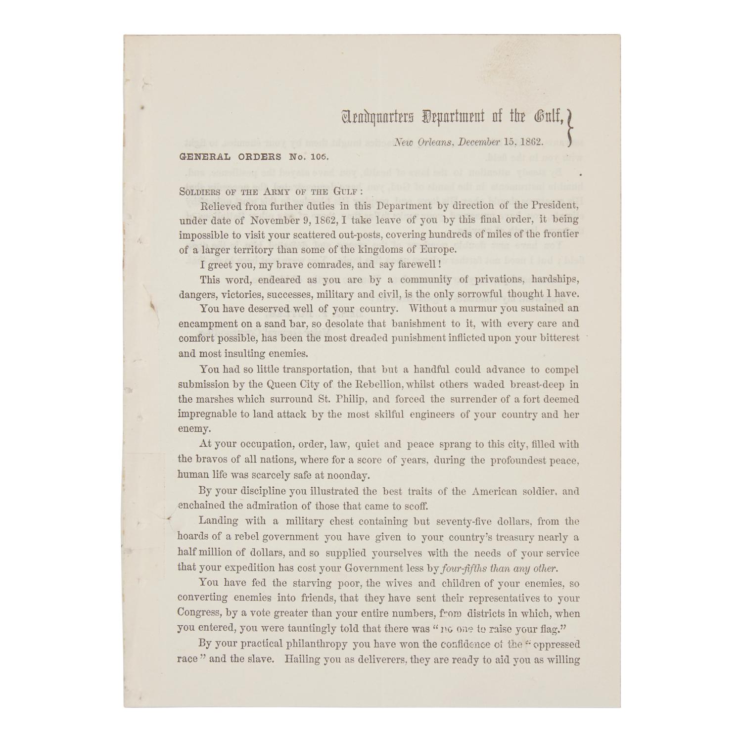 [Civil War] General Benjamin F. Butler's Farewell Address to the Army of the Gulf in New Orleans