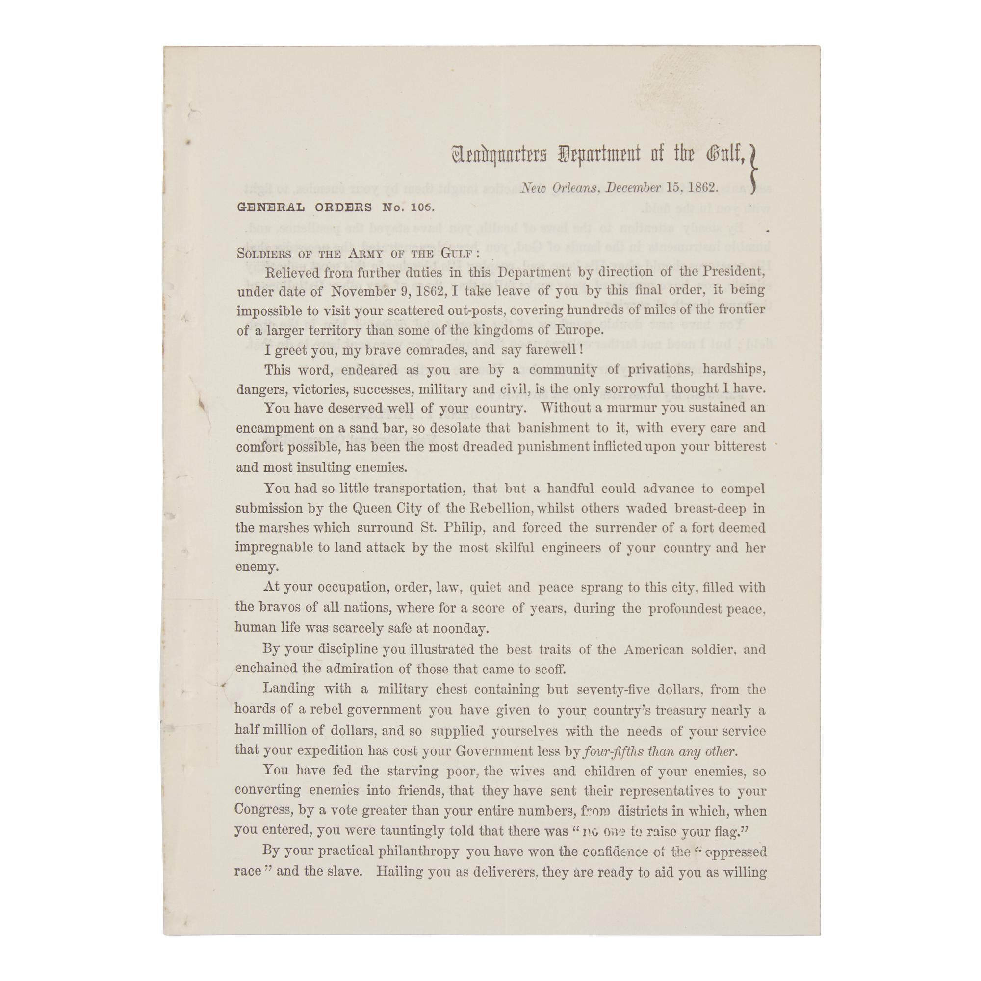[Civil War] General Benjamin F. Butler's Farewell Address to the Army of the Gulf in New Orleans