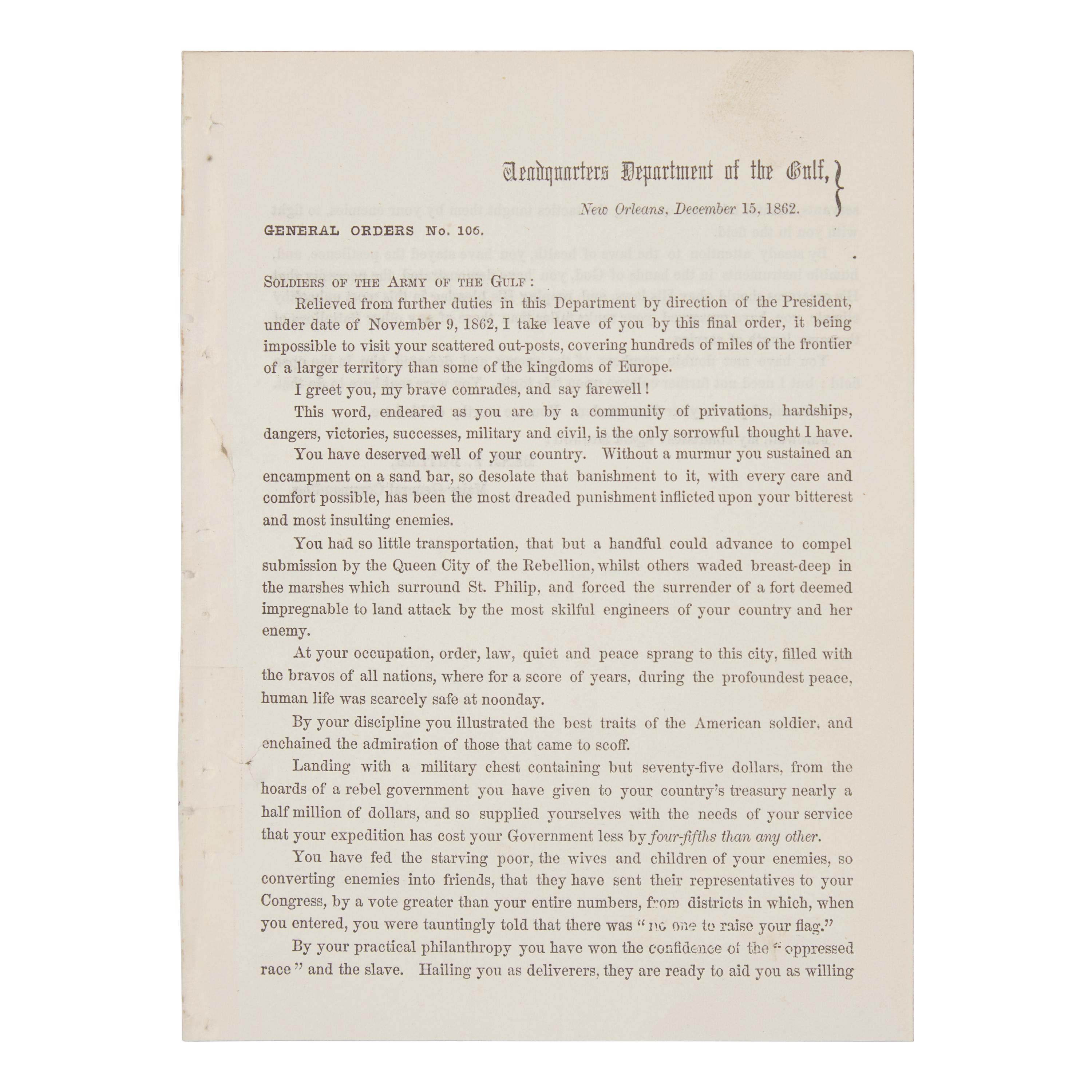 [Civil War] General Benjamin F. Butler's Farewell Address to the Army of the Gulf in New Orleans