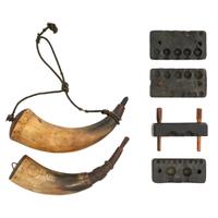 Two Folk Art Carved Priming Horns and Two Stone Bullet Molds