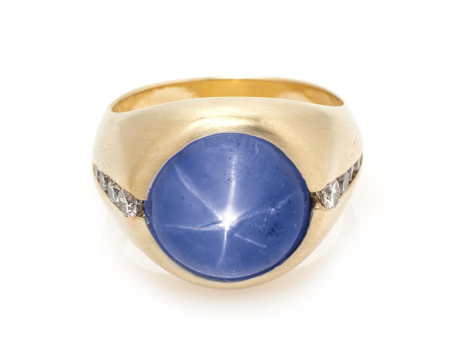 A Yellow Gold, Sri Lanka Star Sapphire and Diamond Ring, 13.90 dwts.