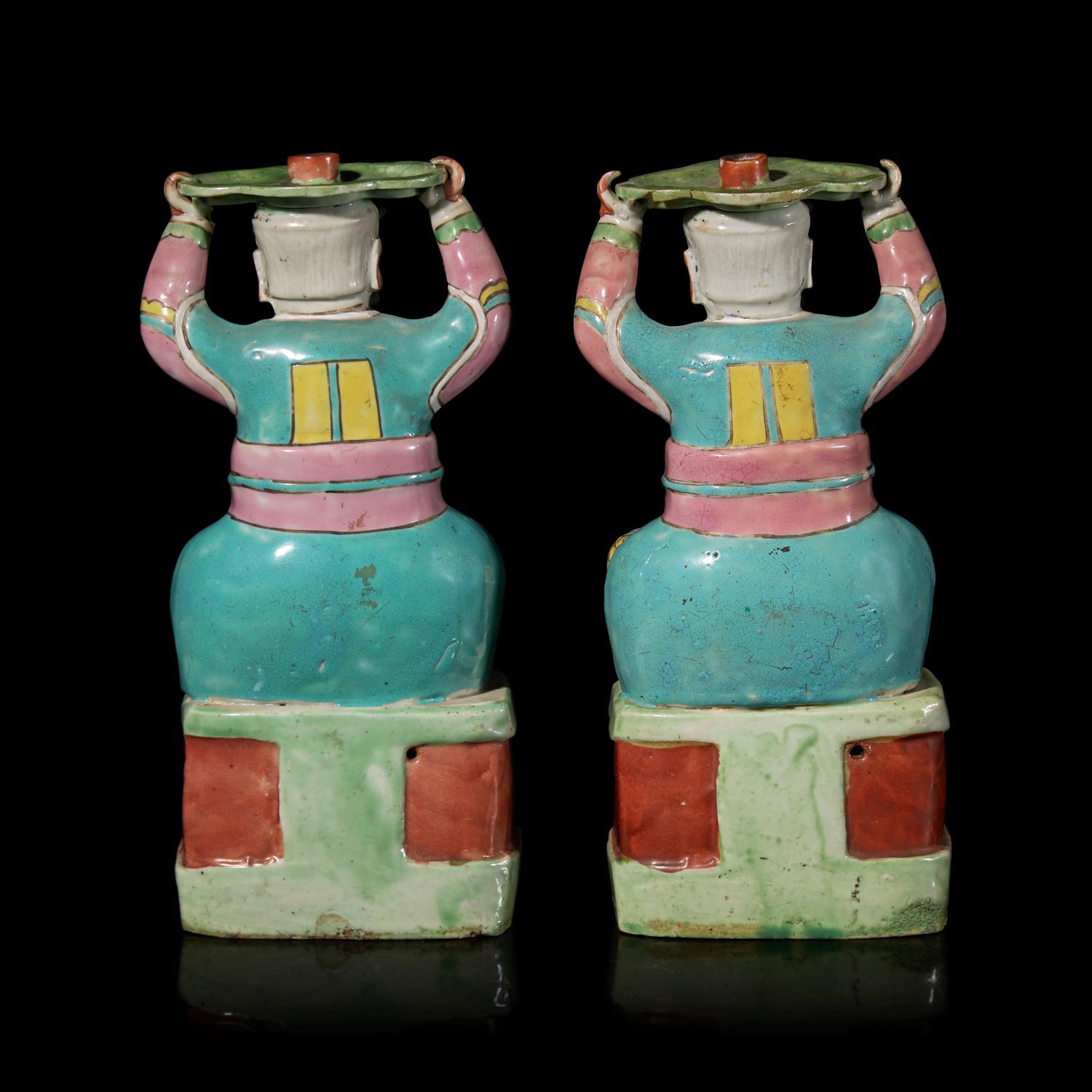 A Pair of Chinese Export Famille Rose "Foreign Warriors" Candle Holders, Qianlong-Jiaqing Period 清乾隆-嘉慶 外銷粉彩胡人像燭臺一對