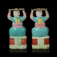 A Pair of Chinese Export Famille Rose "Foreign Warriors" Candle Holders, Qianlong-Jiaqing Period 清乾隆-嘉慶 外銷粉彩胡人像燭臺一對