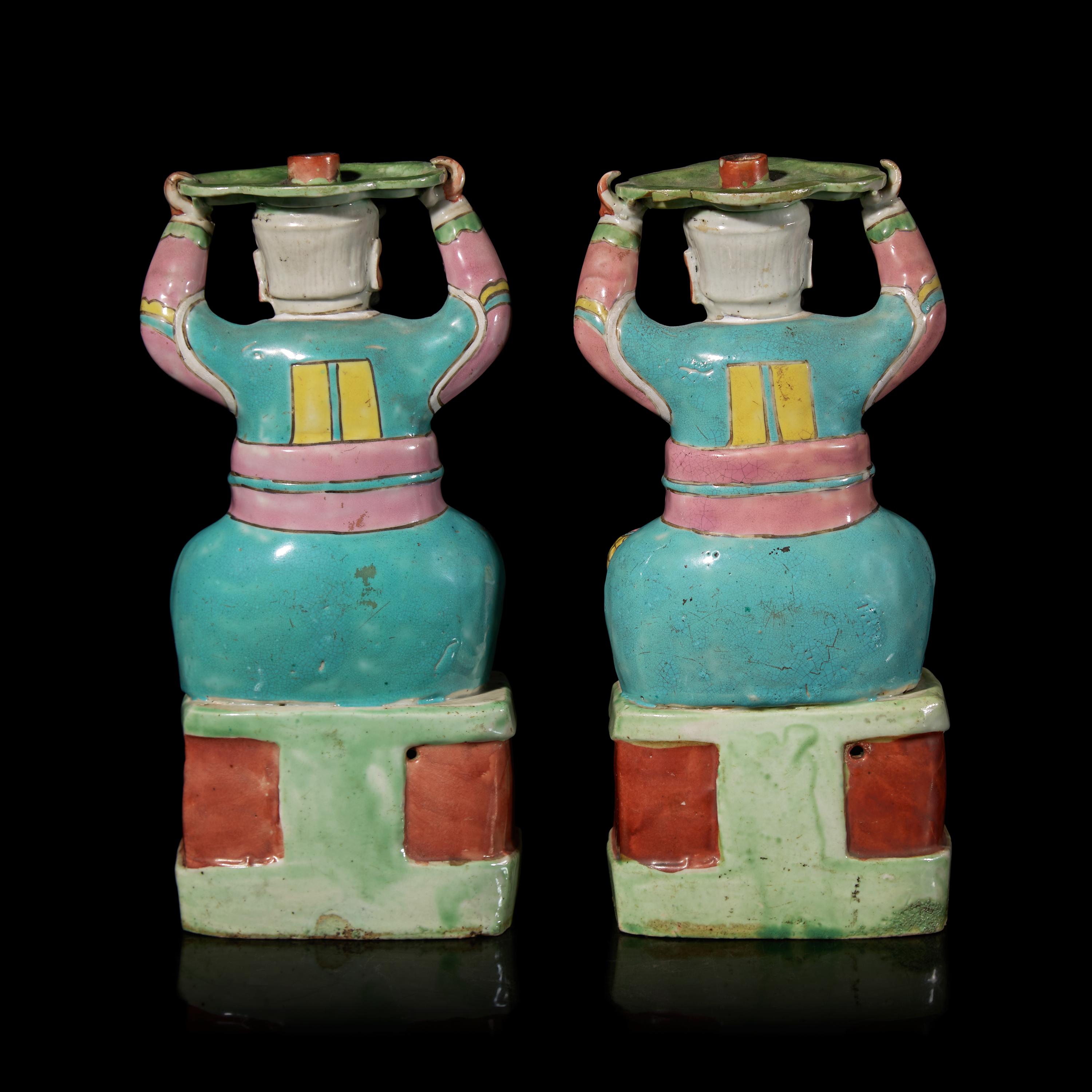 A Pair of Chinese Export Famille Rose "Foreign Warriors" Candle Holders, Qianlong-Jiaqing Period 清乾隆-嘉慶 外銷粉彩胡人像燭臺一對