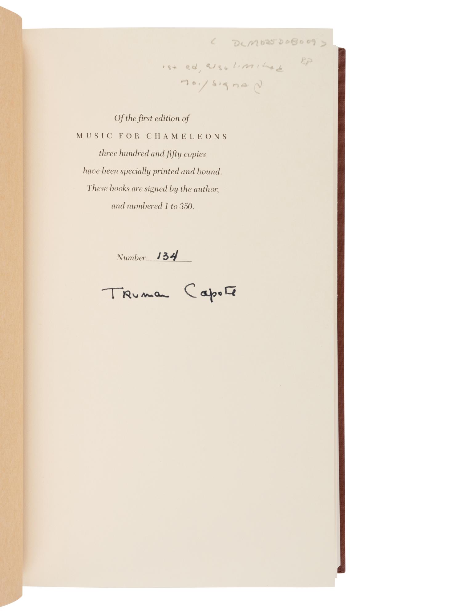 CAPOTE, Truman (1924-1984). Music for Chameleons . New York: Random House, 1980.