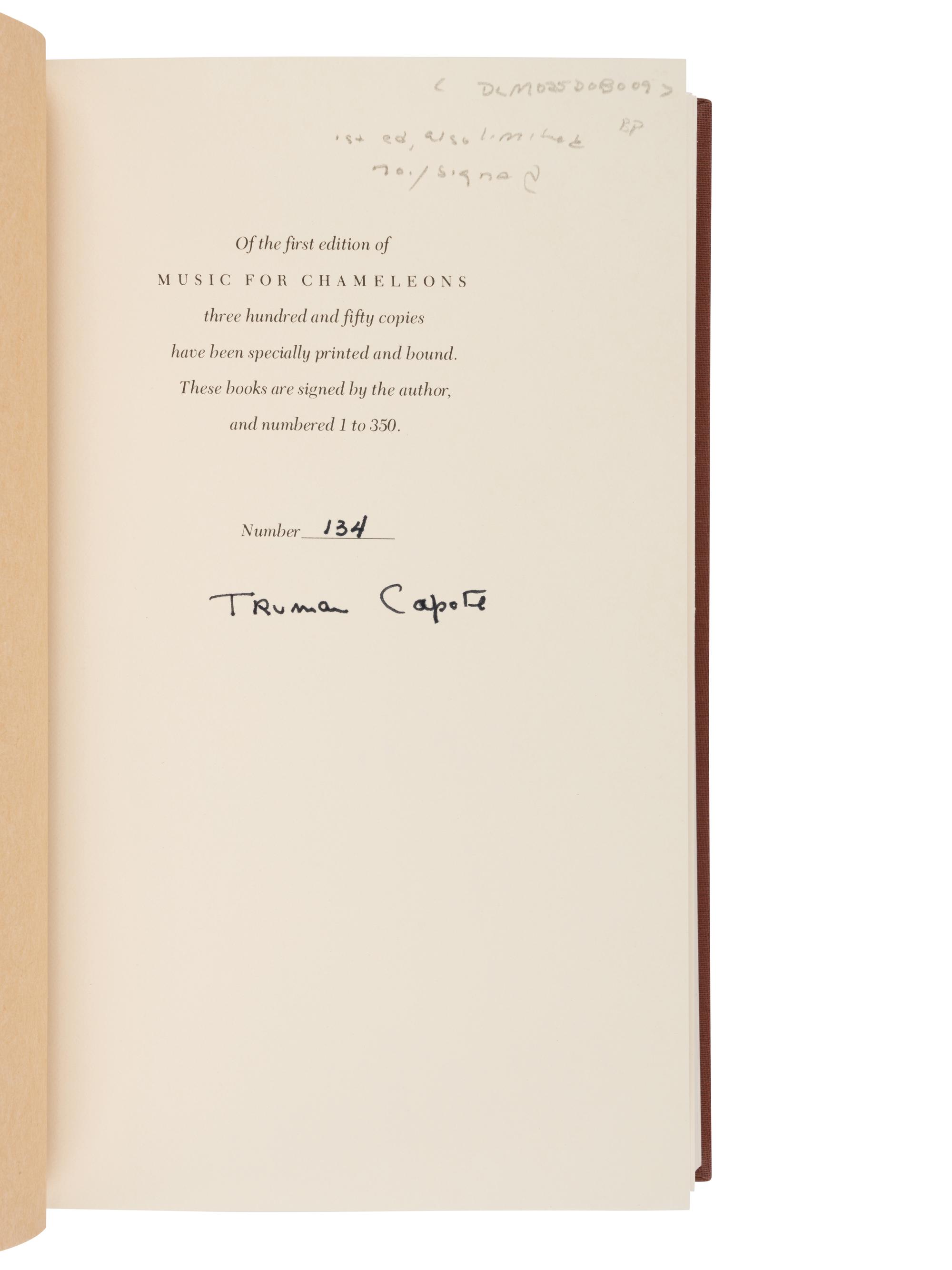 CAPOTE, Truman (1924-1984). Music for Chameleons . New York: Random House, 1980.
