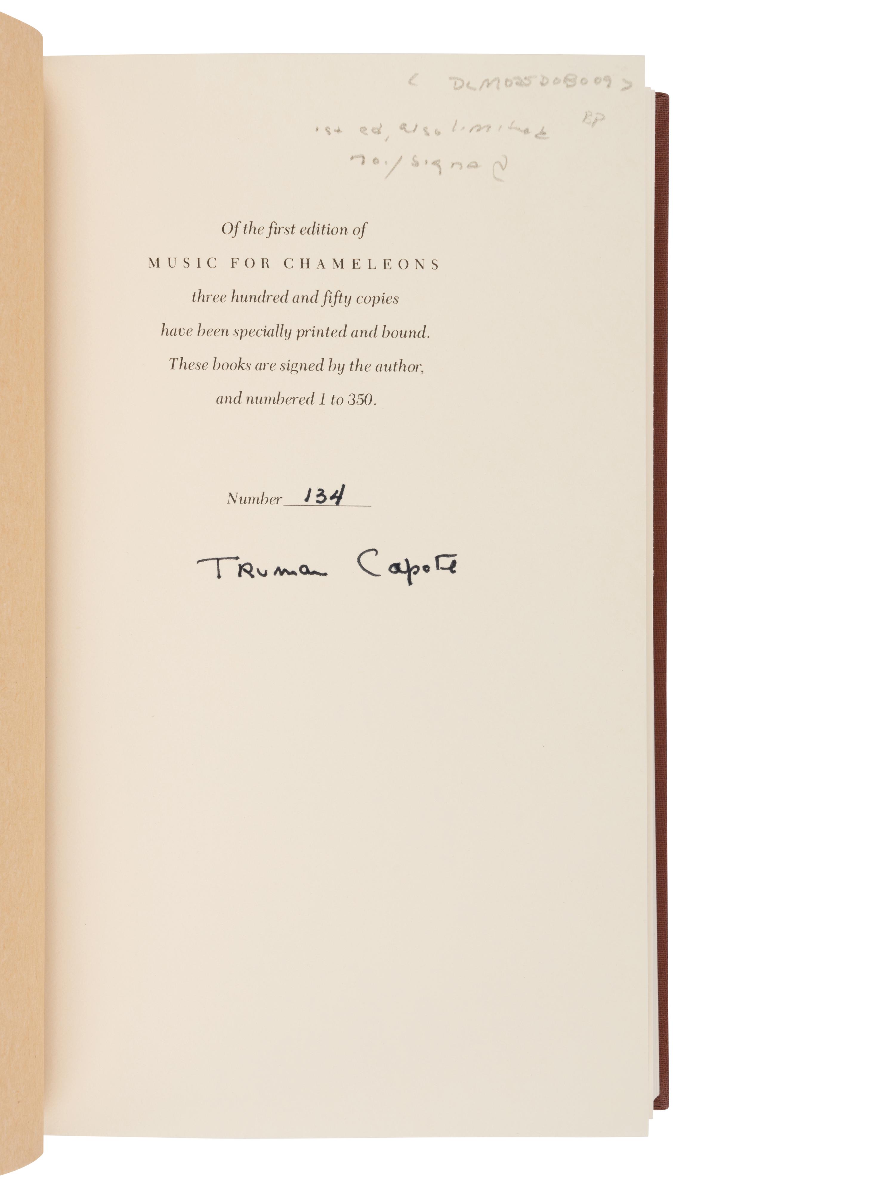 CAPOTE, Truman (1924-1984). Music for Chameleons . New York: Random House, 1980.