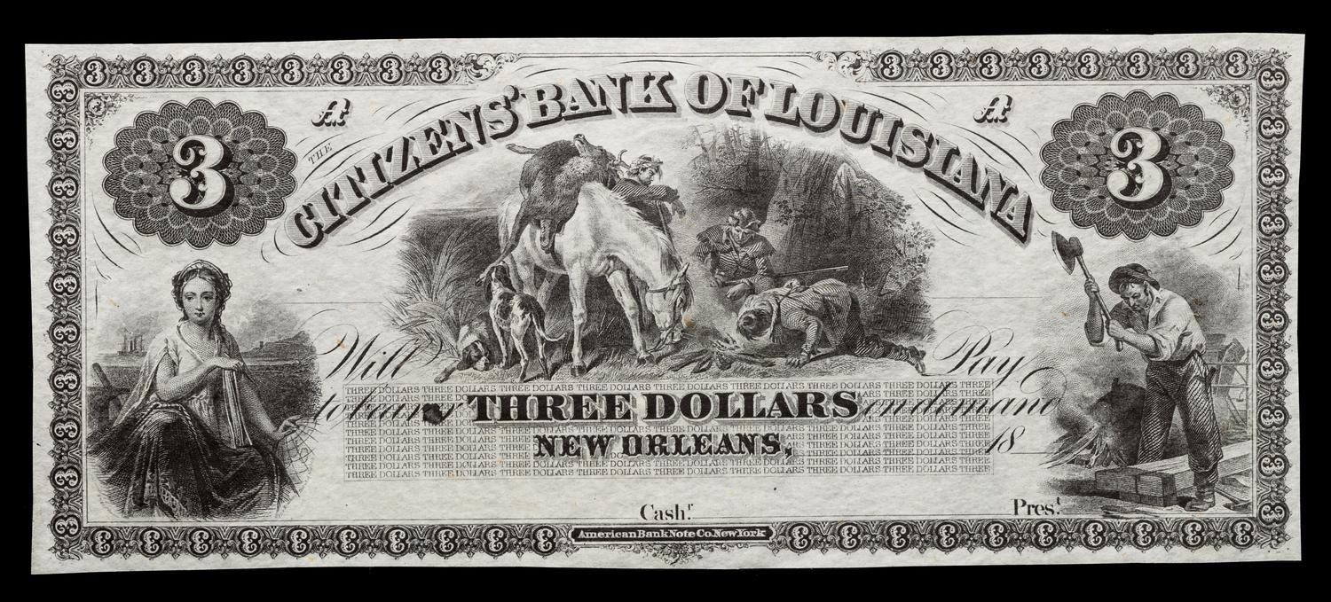 Obsolete $3 Bank Note: Citizens Bank of Louisiana — NEW ORLEANS, LOUISIANA