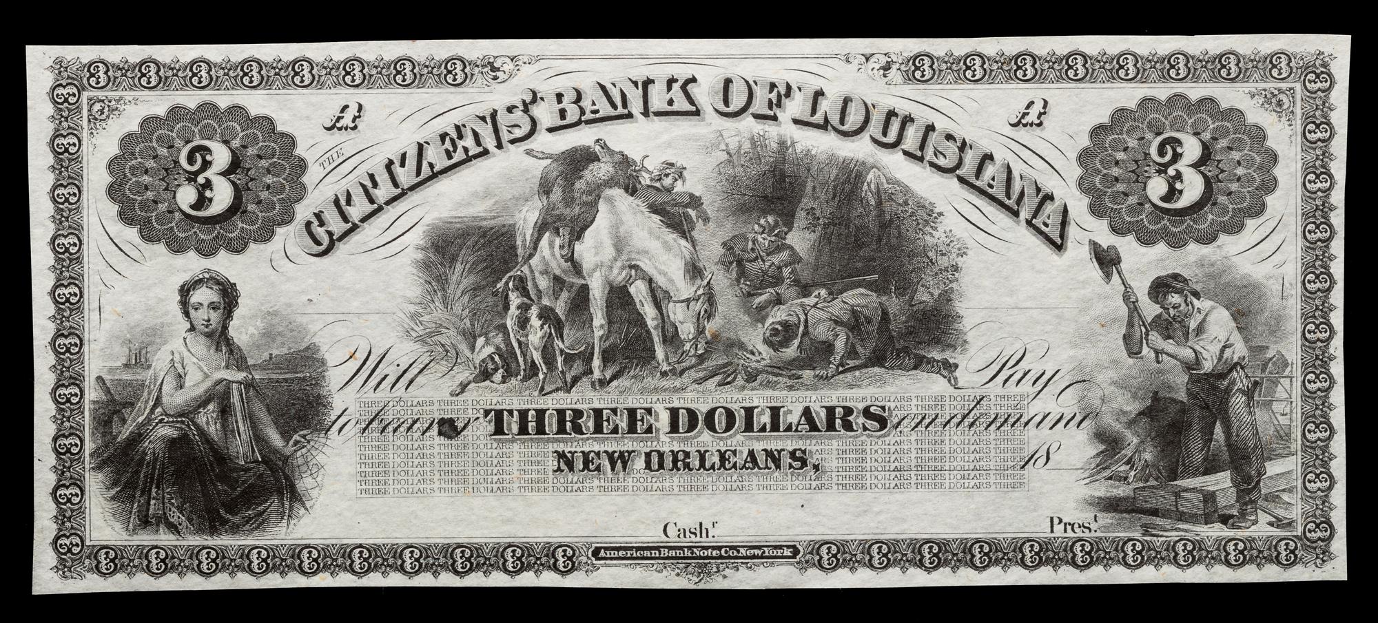 Obsolete $3 Bank Note: Citizens Bank of Louisiana — NEW ORLEANS, LOUISIANA