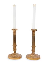 A Pair of French Gilt Metal Candlesticks Mounted as Lamps