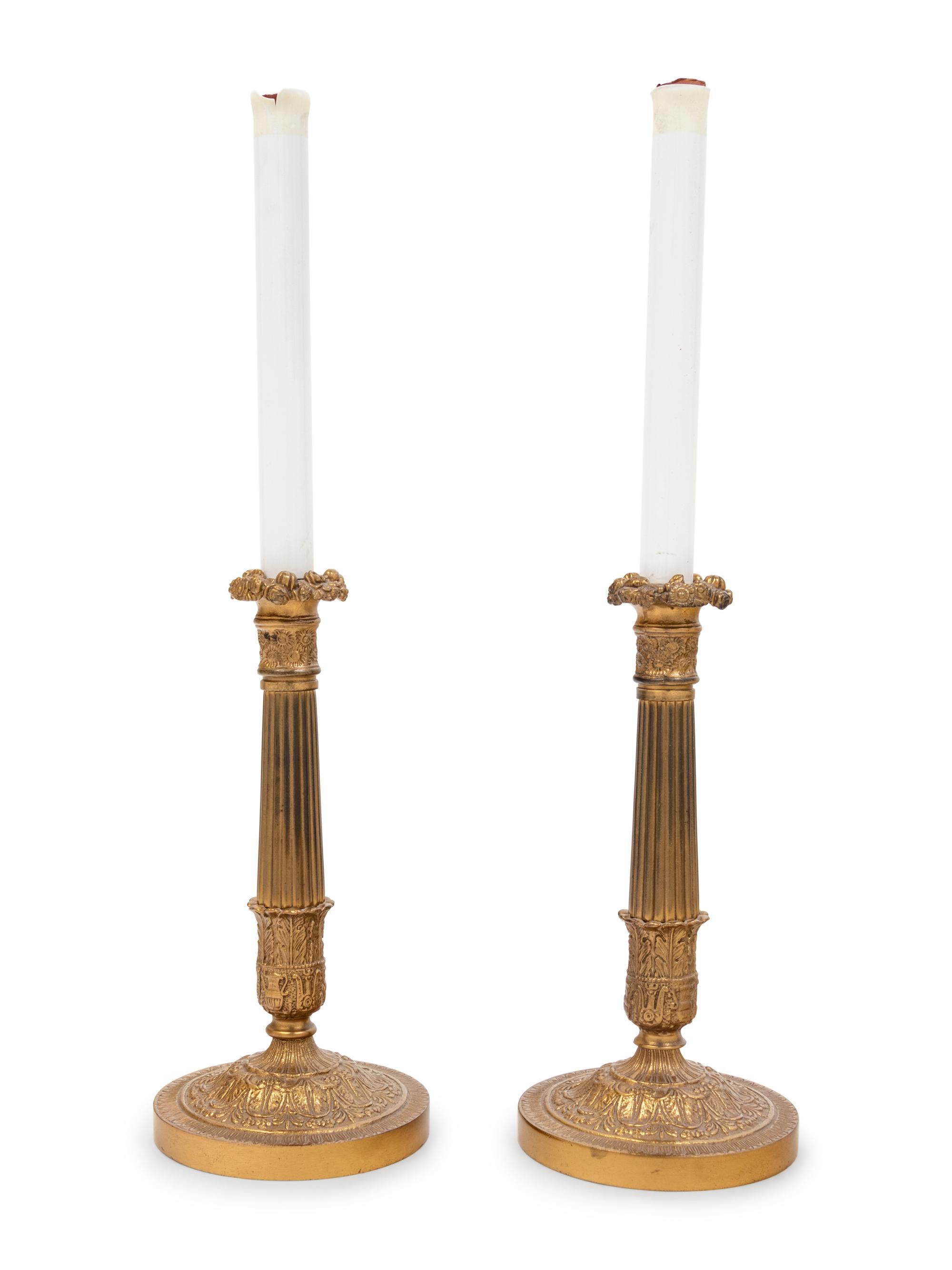 A Pair of French Gilt Metal Candlesticks Mounted as Lamps