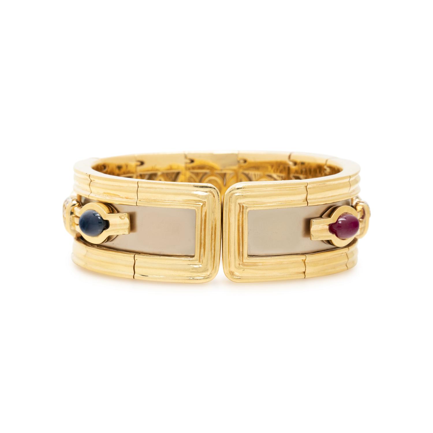 BICOLOR GOLD, MULTIGEM AND DIAMOND CUFF BRACELET