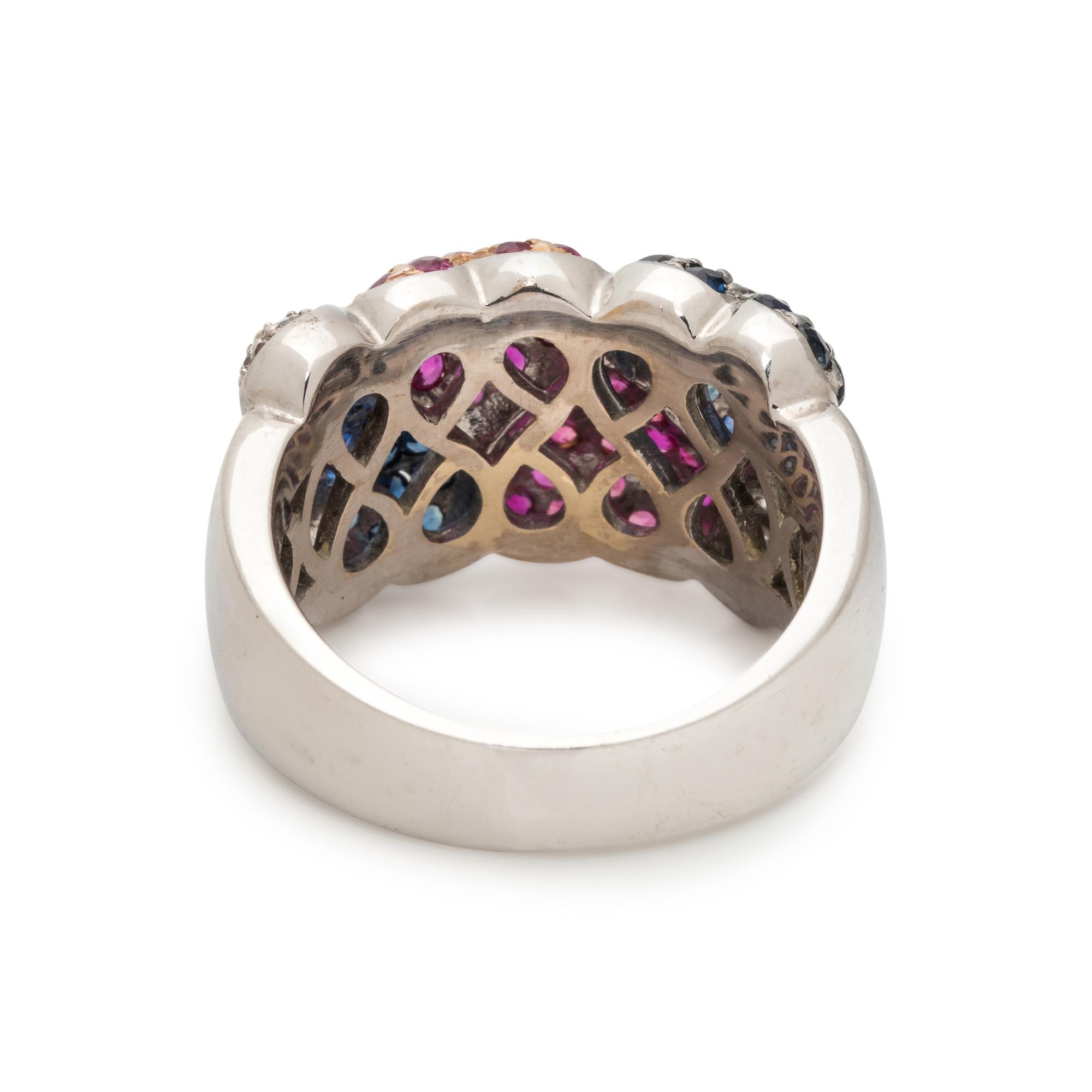 RUBY, SAPPHIRE AND DIAMOND HEART RING