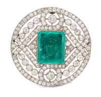 A Platinum, Diamond and Emerald Cameo Brooch, 11.70 dwts.