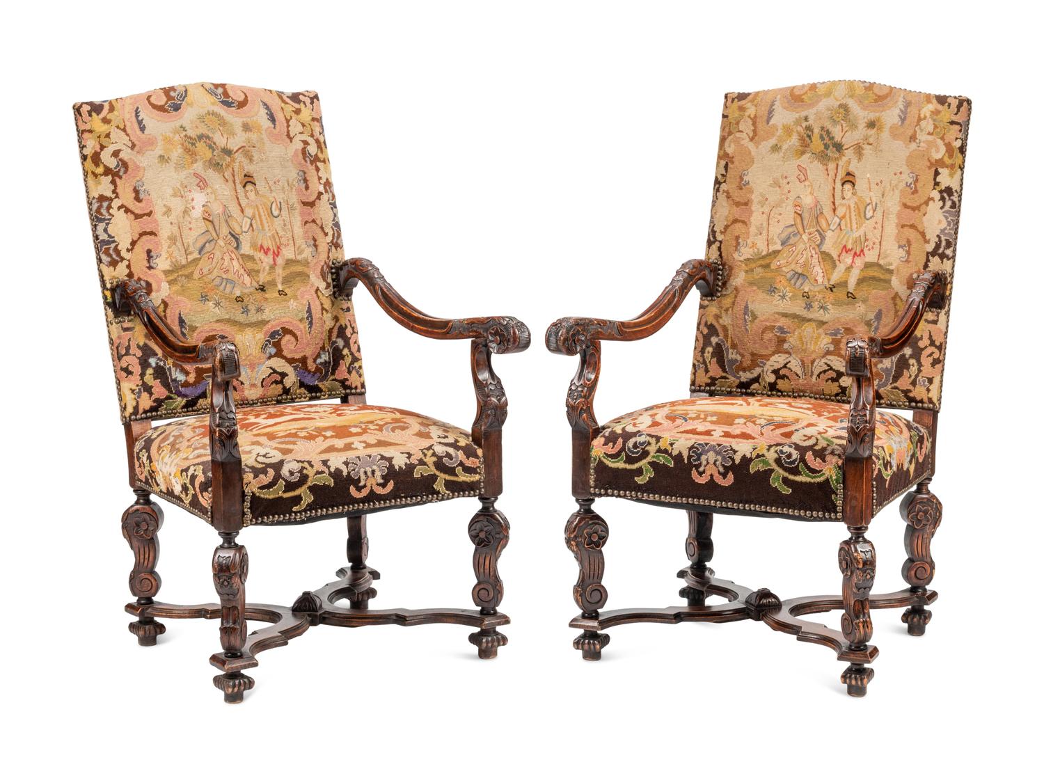 A Pair of Louis XIII Style Walnut Armchairs