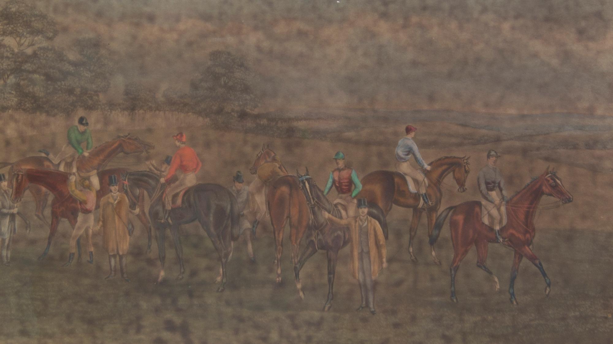 Six English Equestrian Race Prints, Height 7 3/4 x width 13 5/8 inches (visible).