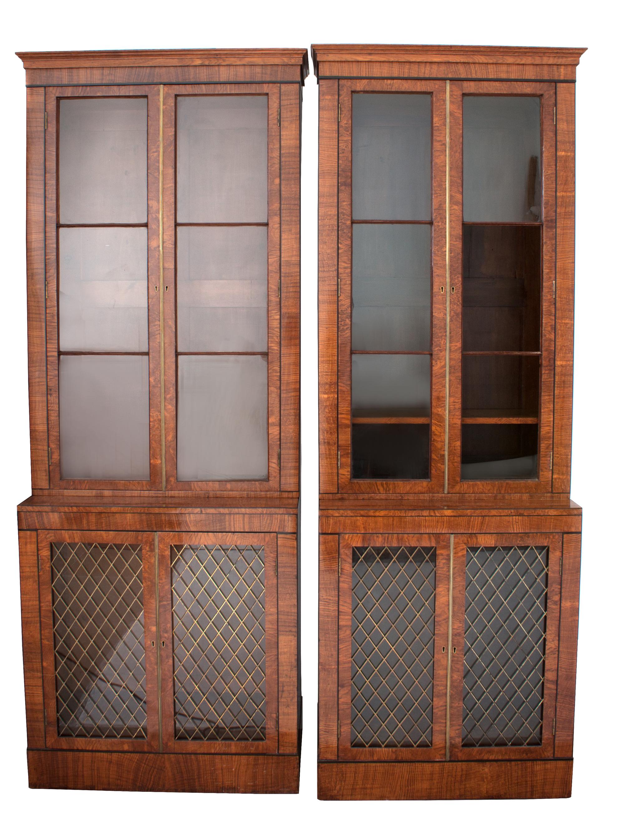 A Pair of George III Style Walnut Bookcase Cabinets Height 93 x width 31 3/4 x depth 17 1/2 inches. — 19TH CENTURY