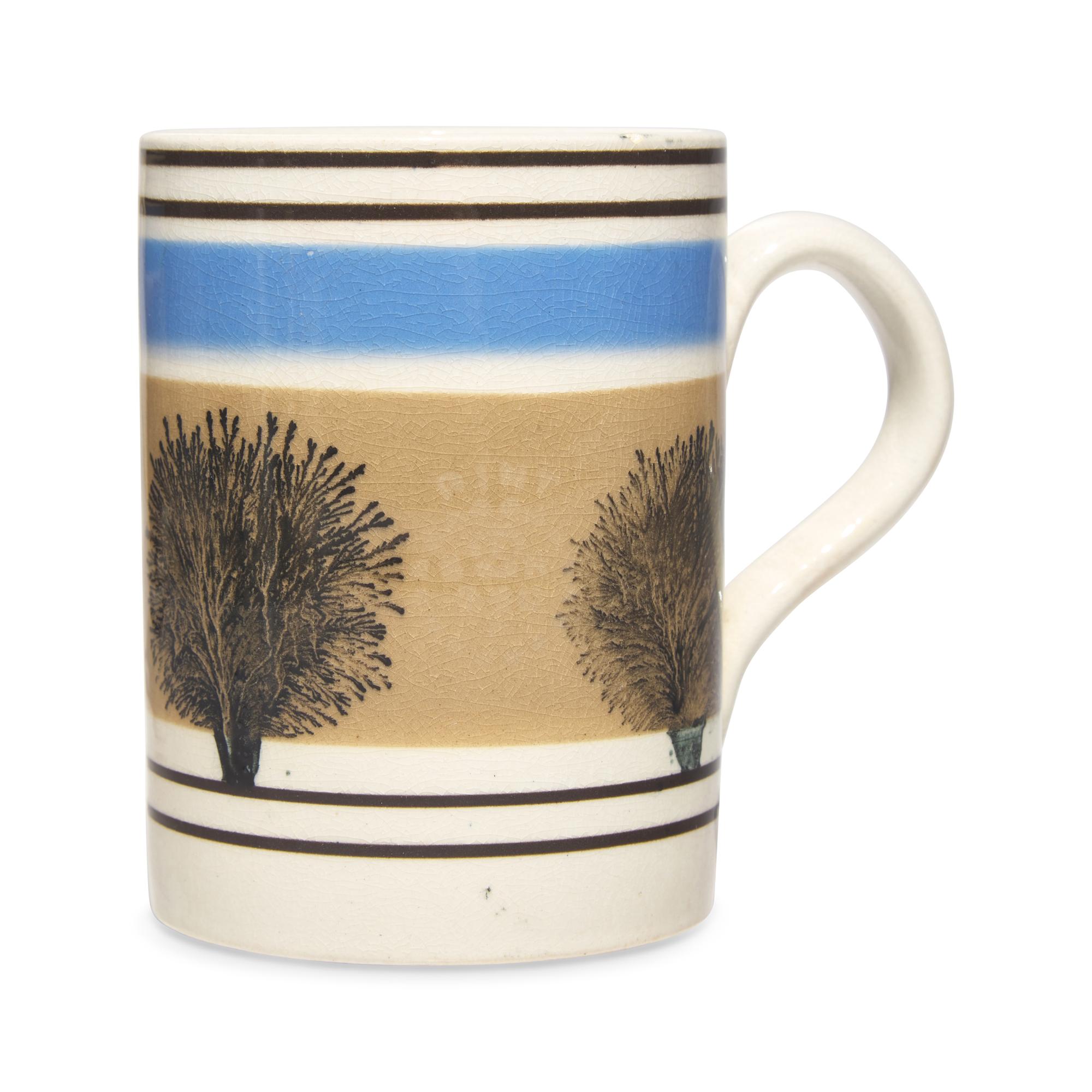 A Group of Four Mochaware Mugs with "Seaweed Decoration"
