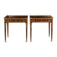 A Pair of Louis XVI Style Mahogany and Gilt Bronze Mounted Side Tables