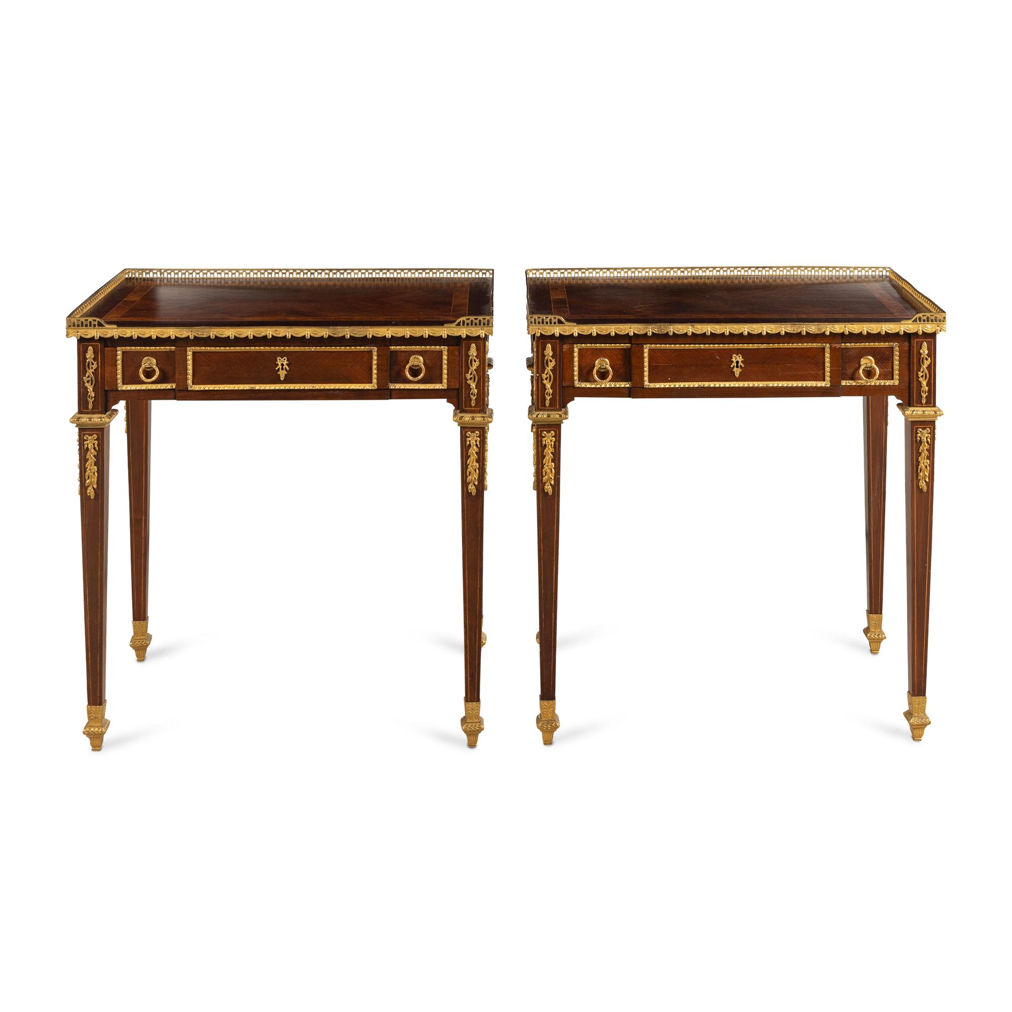 A Pair of Louis XVI Style Mahogany and Gilt Bronze Mounted Side Tables