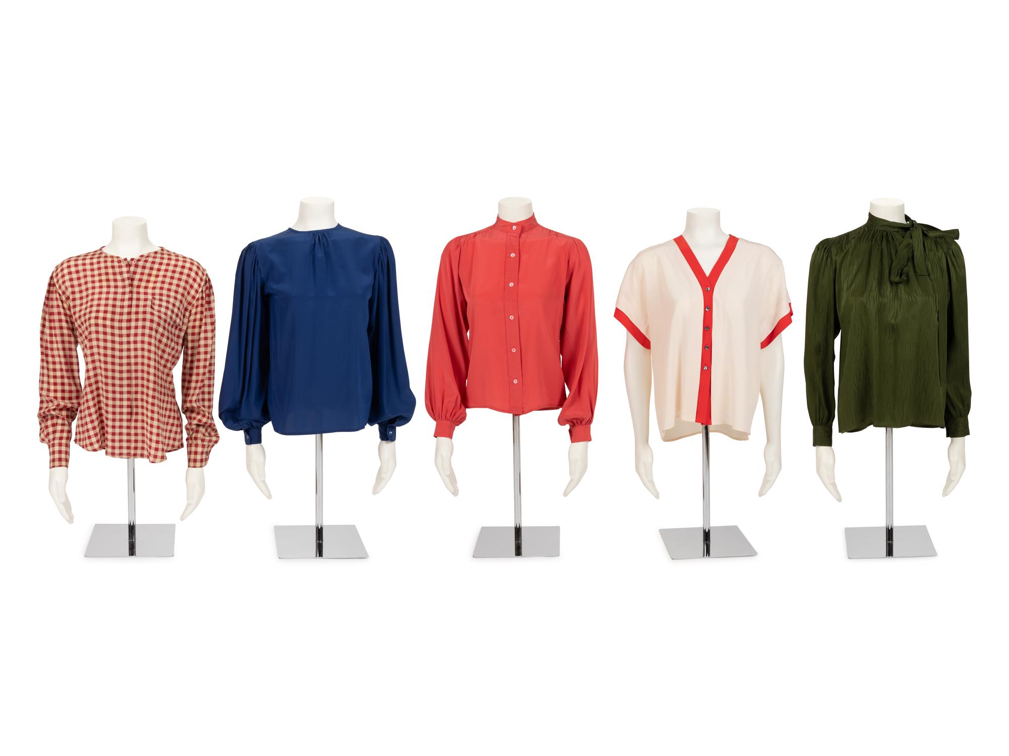 Five Silk Designer Blouses: One Chloé, One Giorgio Armani, and Three Yves Saint Laurent, 1980s