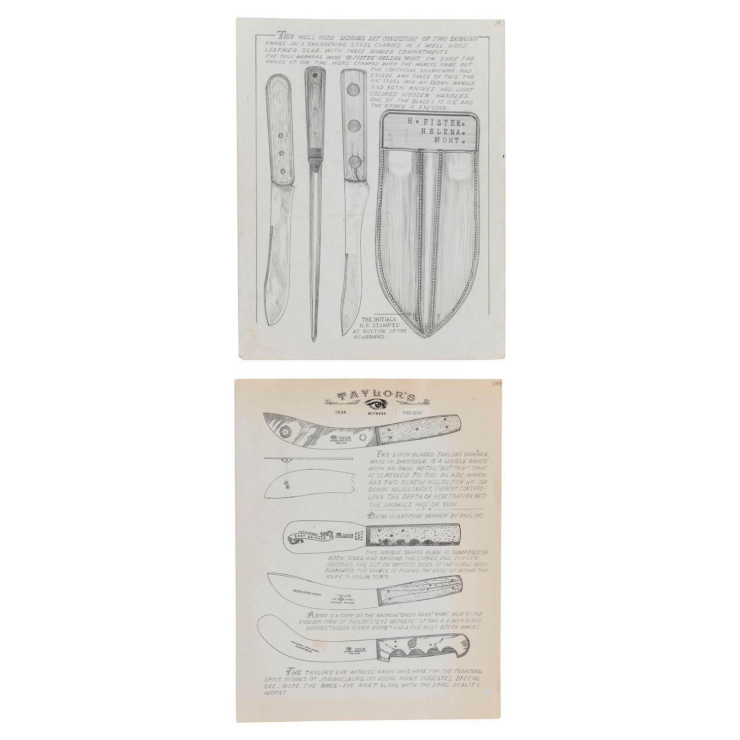 Rare MH Cole Skinning Knife Book Archive with Two Knives, MH Cole Scabbards and Original Publication Illustrations and More