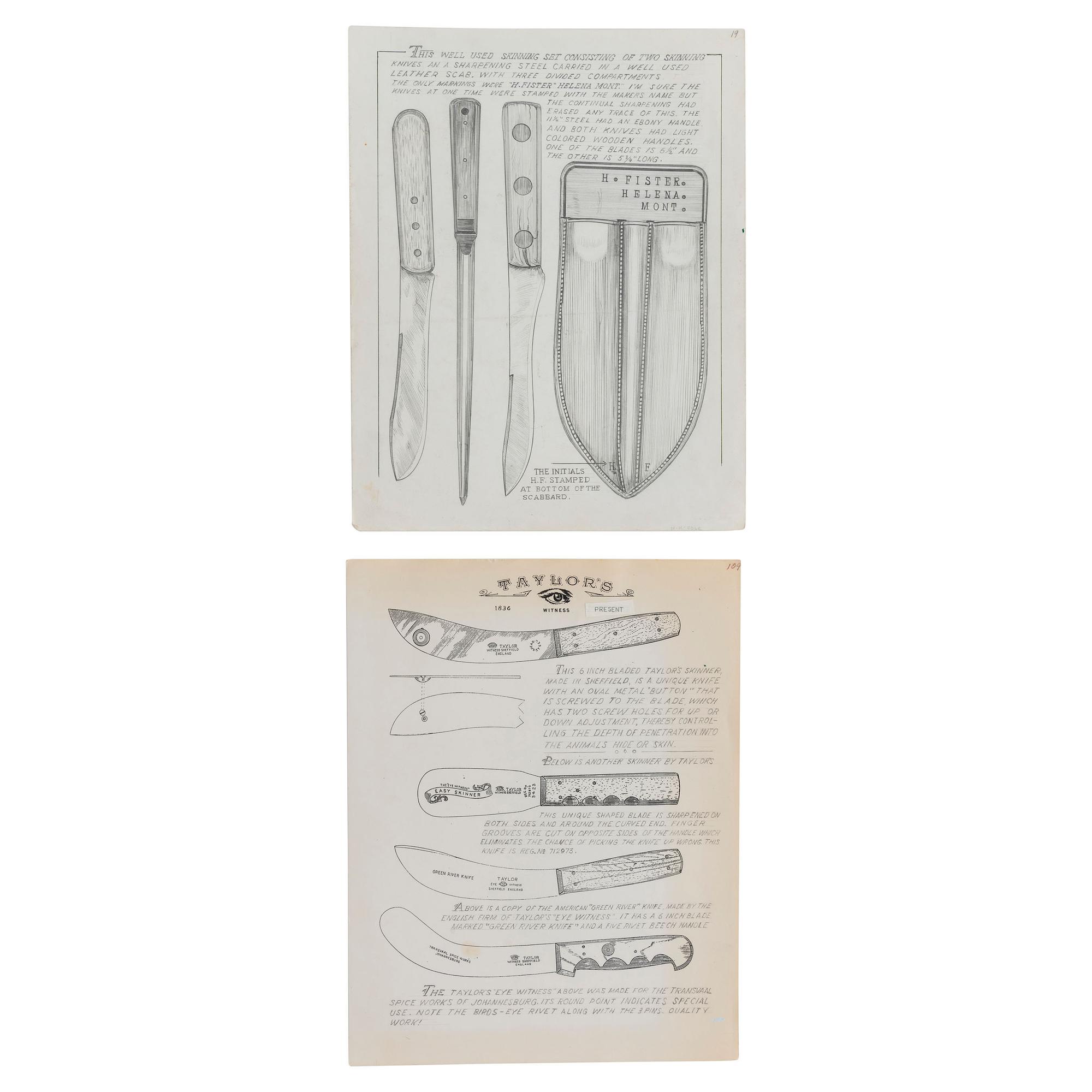 Rare MH Cole Skinning Knife Book Archive with Two Knives, MH Cole Scabbards and Original Publication Illustrations and More