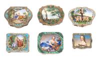 A Group of Six Italian Silver and Enamel Compacts, , each having an enameled lid, four decorated with figures in a garden setting and t
