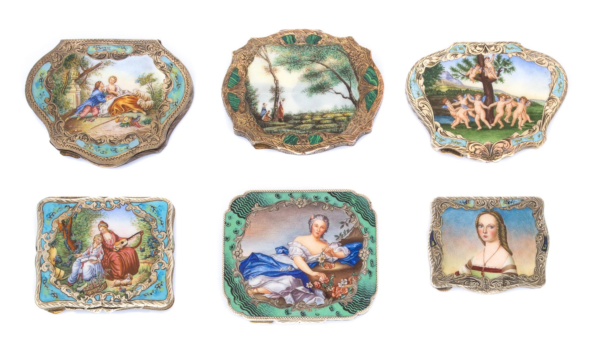 A Group of Six Italian Silver and Enamel Compacts, , each having an enameled lid, four decorated with figures in a garden setting and t