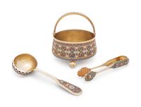 A Russian Silver-Gilt and Enameled Sugar Bowl, Tongs and Scoop