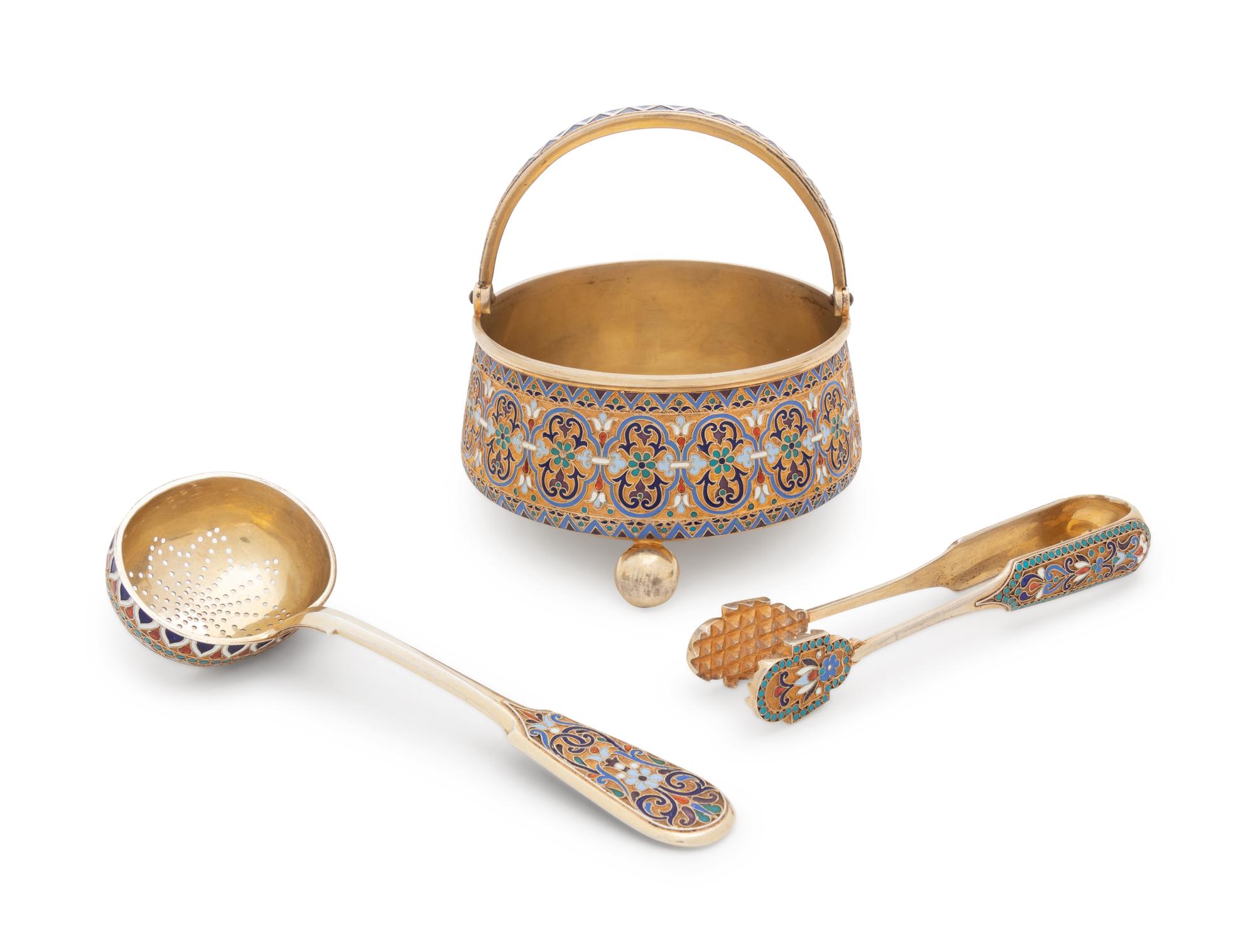 A Russian Silver-Gilt and Enameled Sugar Bowl, Tongs and Scoop