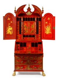A Queen Anne Style Red Lacquered Secretary Height 88 x width 36 1/2 x depth 20 3/4 inches. — 19TH CENTURY