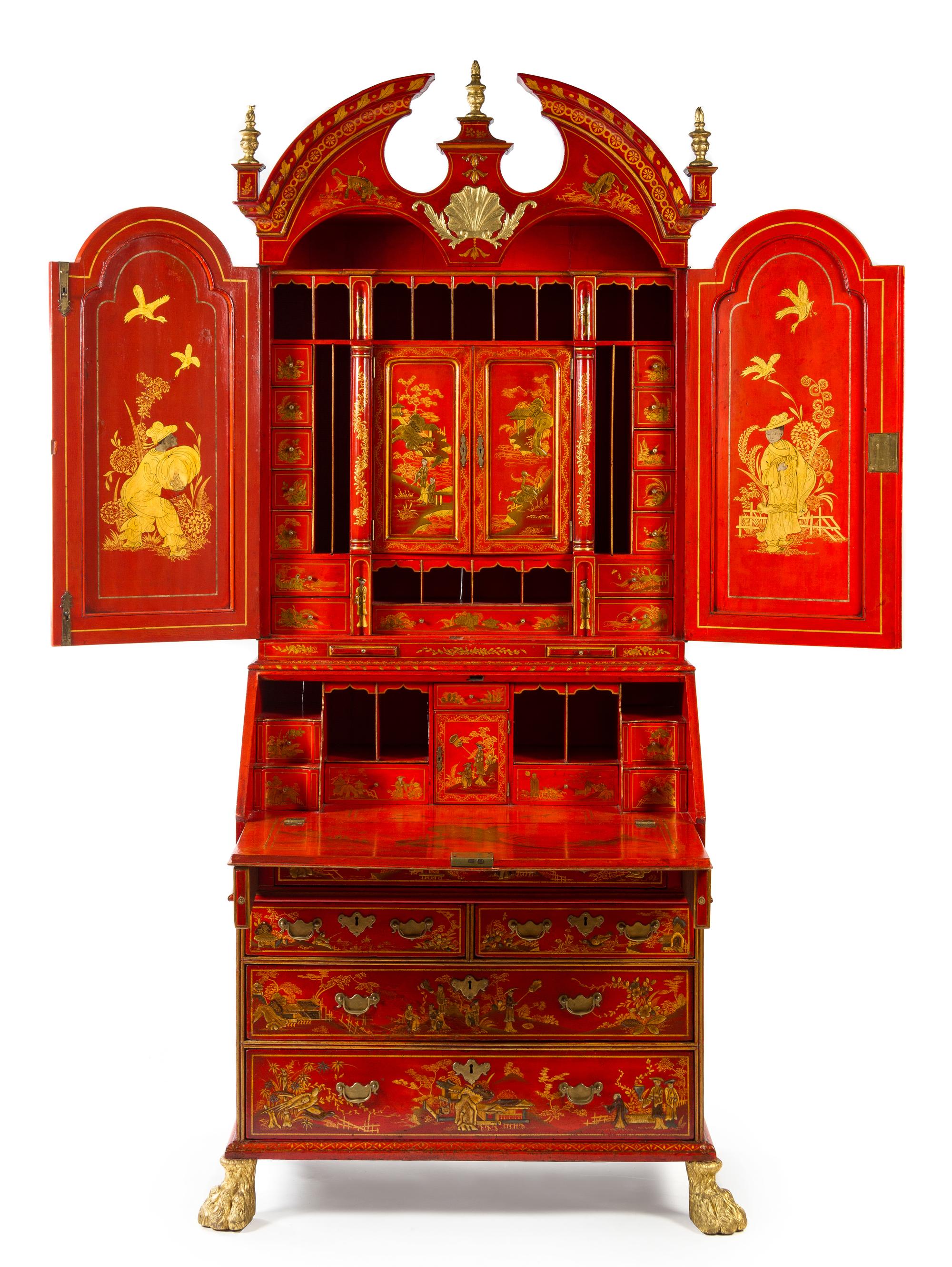 A Queen Anne Style Red Lacquered Secretary Height 88 x width 36 1/2 x depth 20 3/4 inches. — 19TH CENTURY